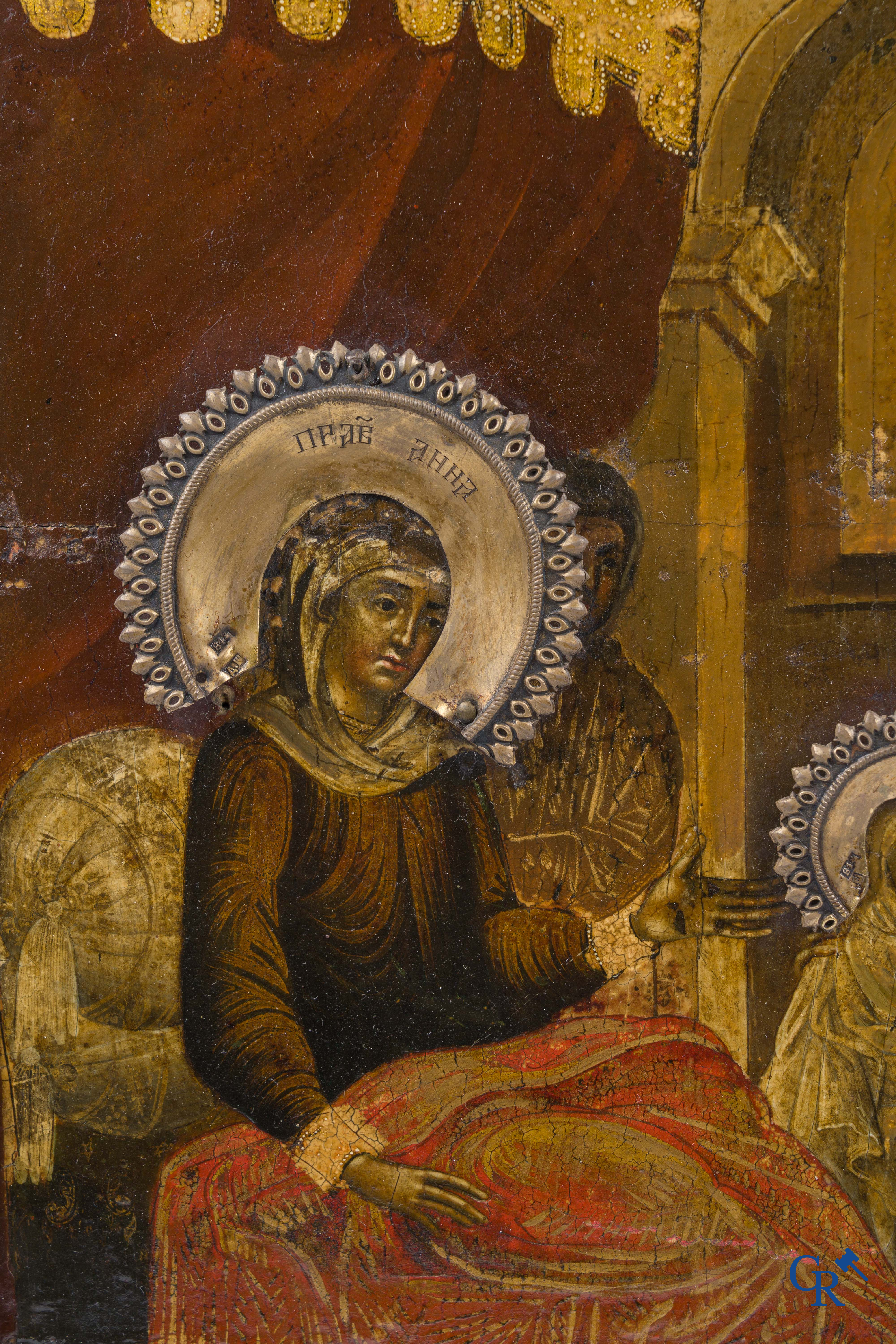 Russian work. The birth of Jesus. Important Russian icon with silver oklad. Silver grade 84 and dated 1883.