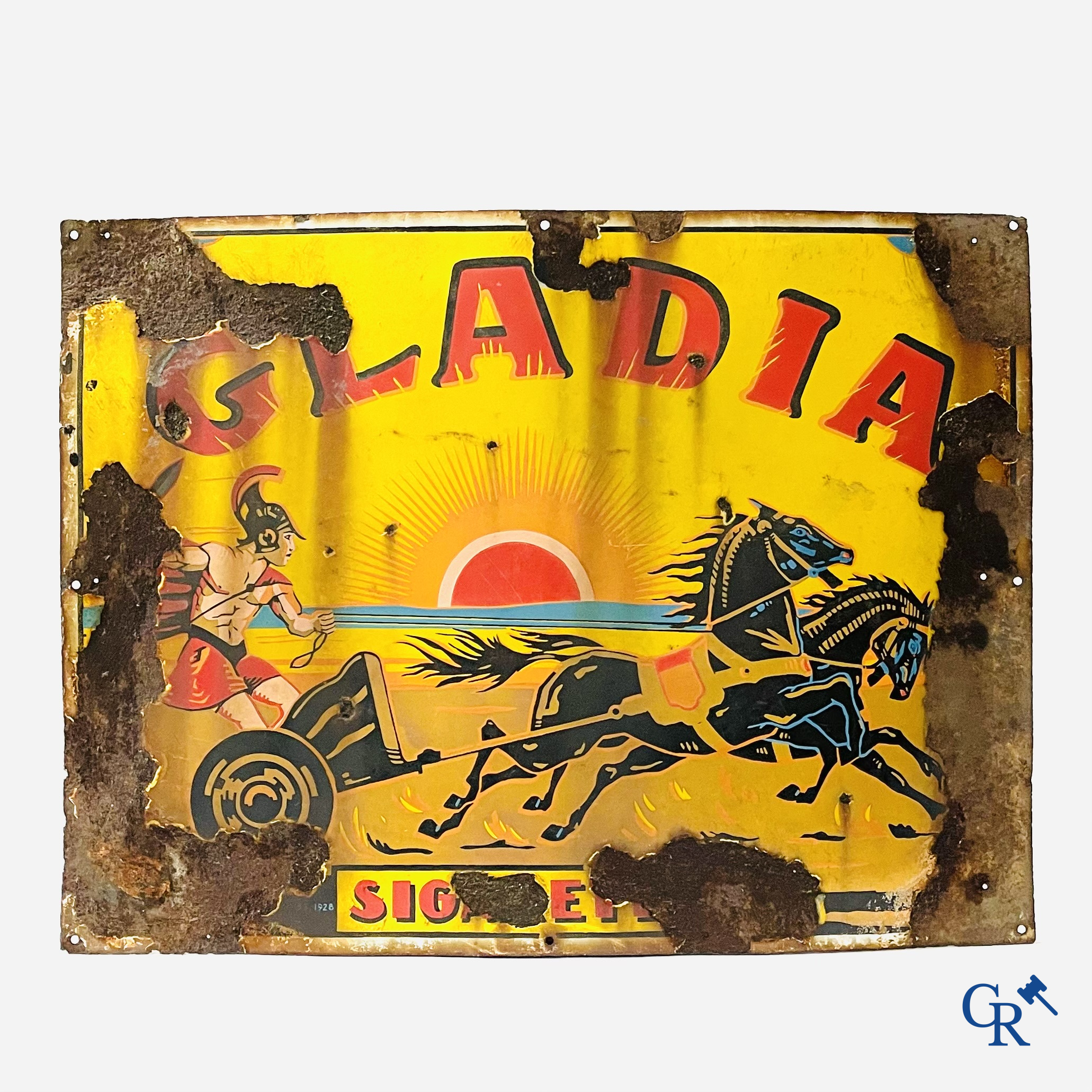 Gladia sigaretten, enamel publicity sign with a gladiator in chariot. Dated 1928.