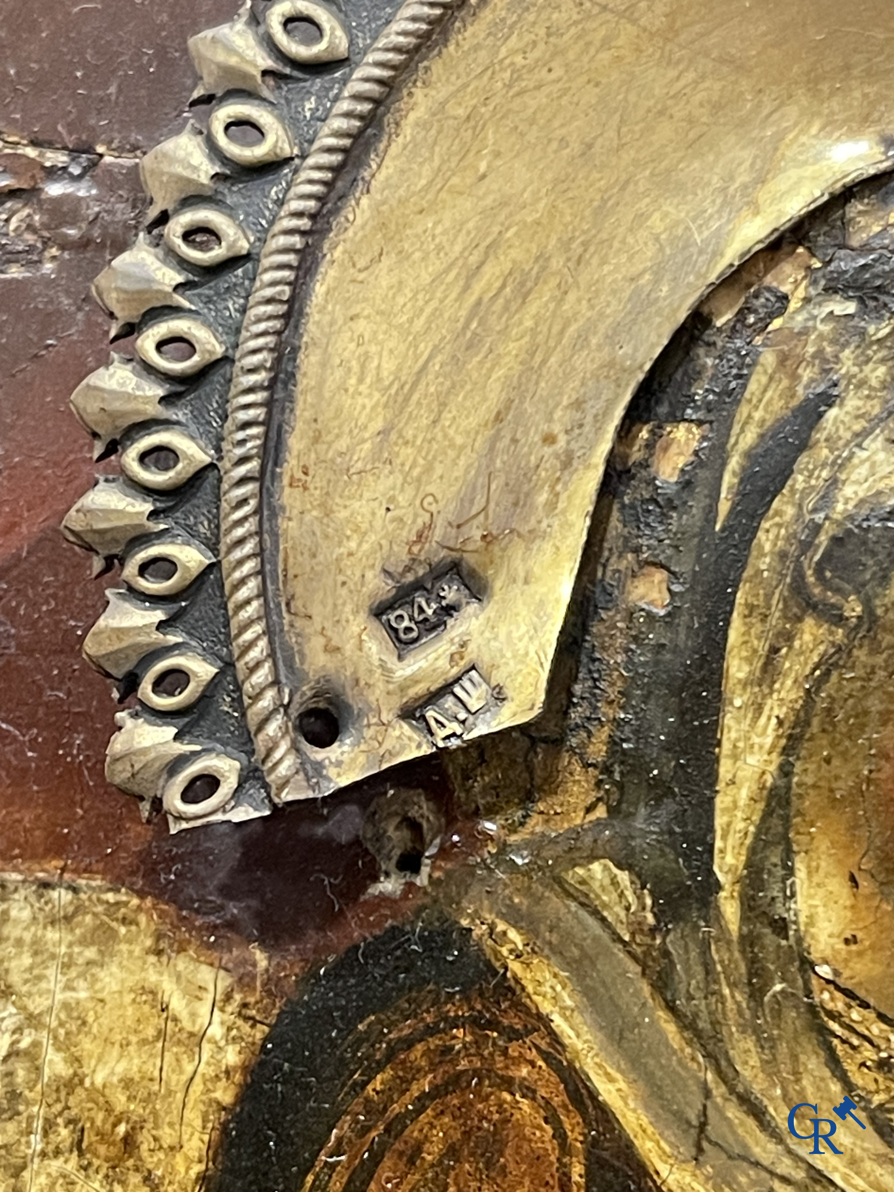 Russian work. The birth of Jesus. Important Russian icon with silver oklad. Silver grade 84 and dated 1883.