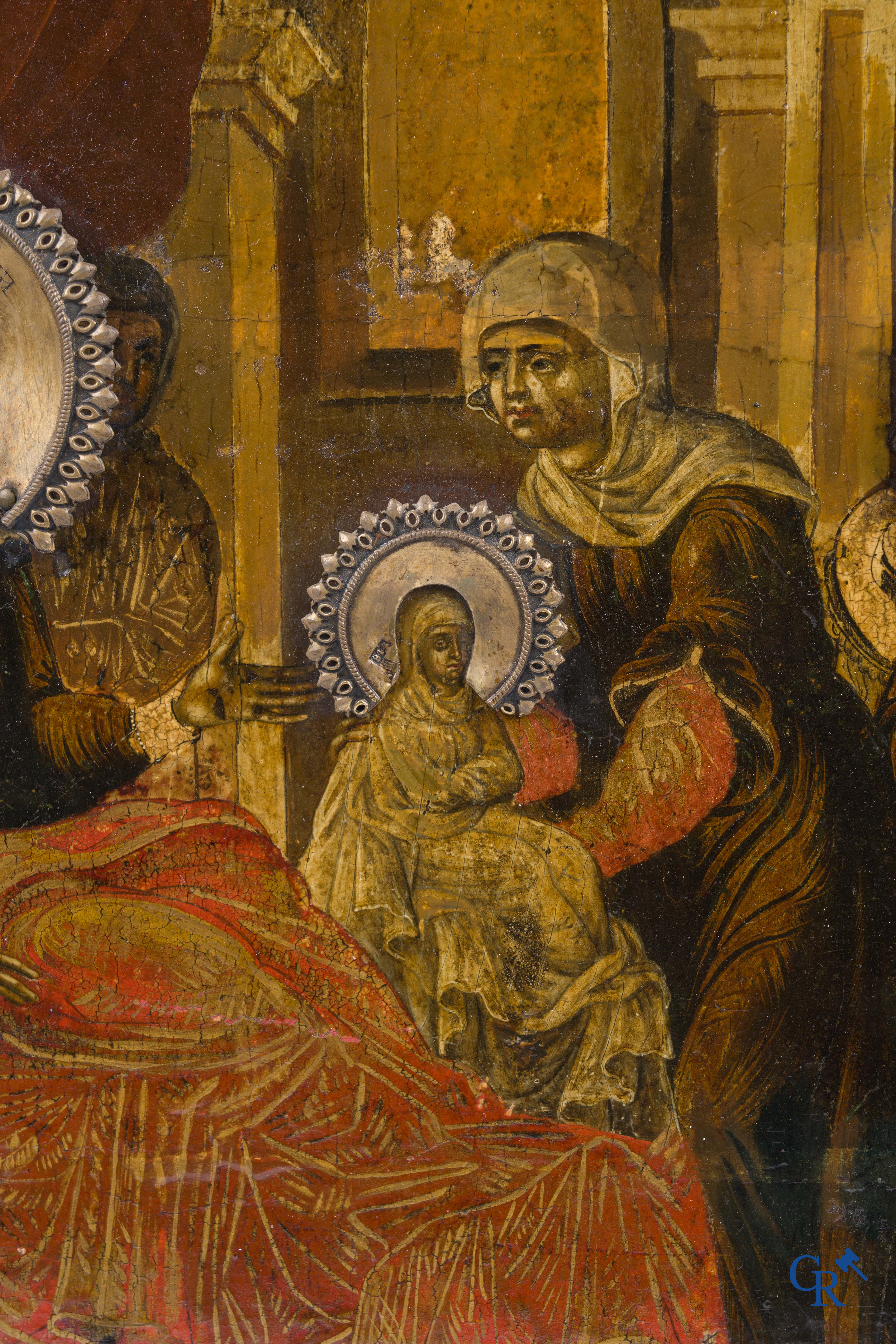 Russian work. The birth of Jesus. Important Russian icon with silver oklad. Silver grade 84 and dated 1883.