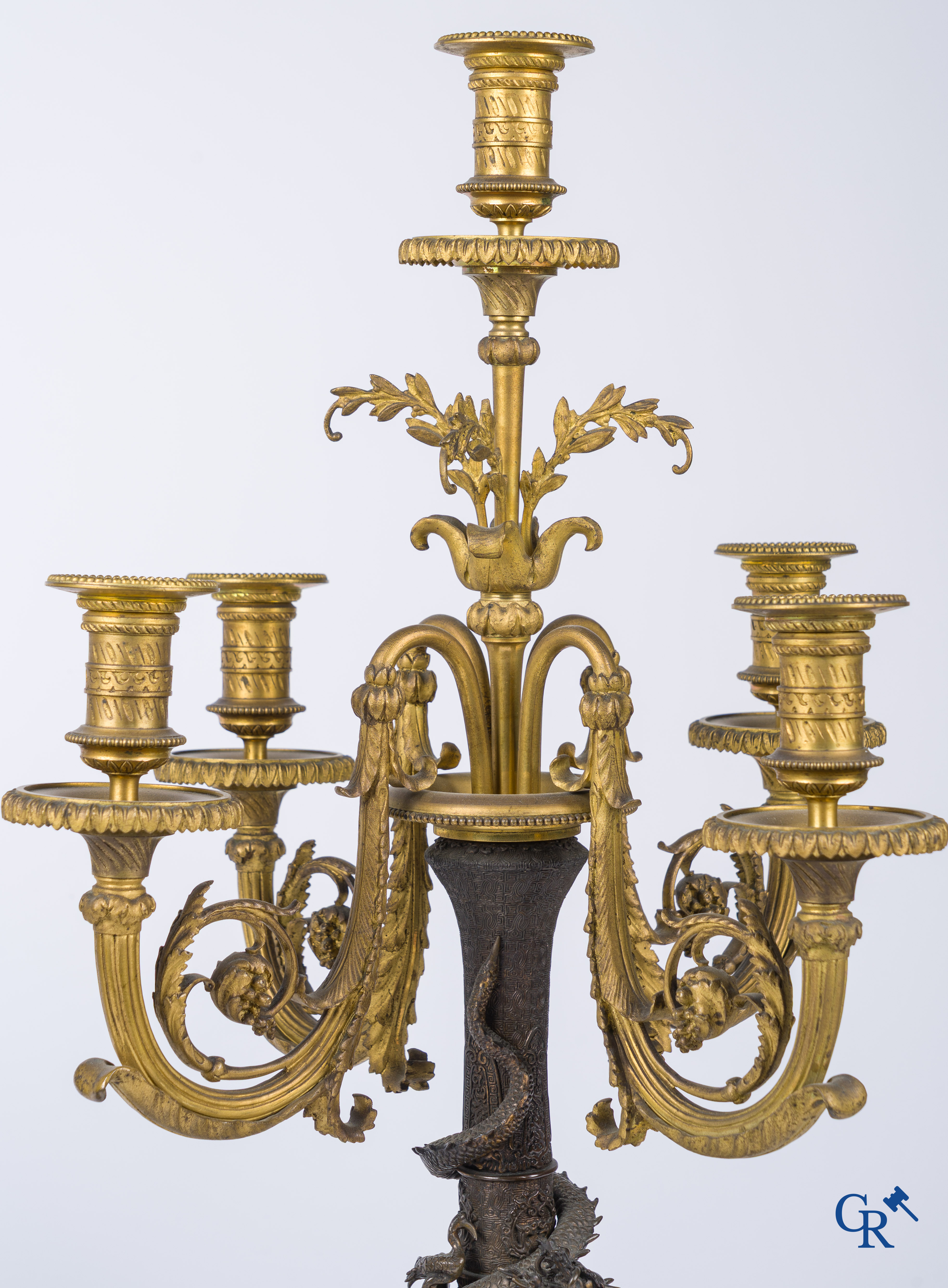 Asian Art, A pair of bronze candlesticks with finely crafted Oriental vases with dragons, circa 1880.