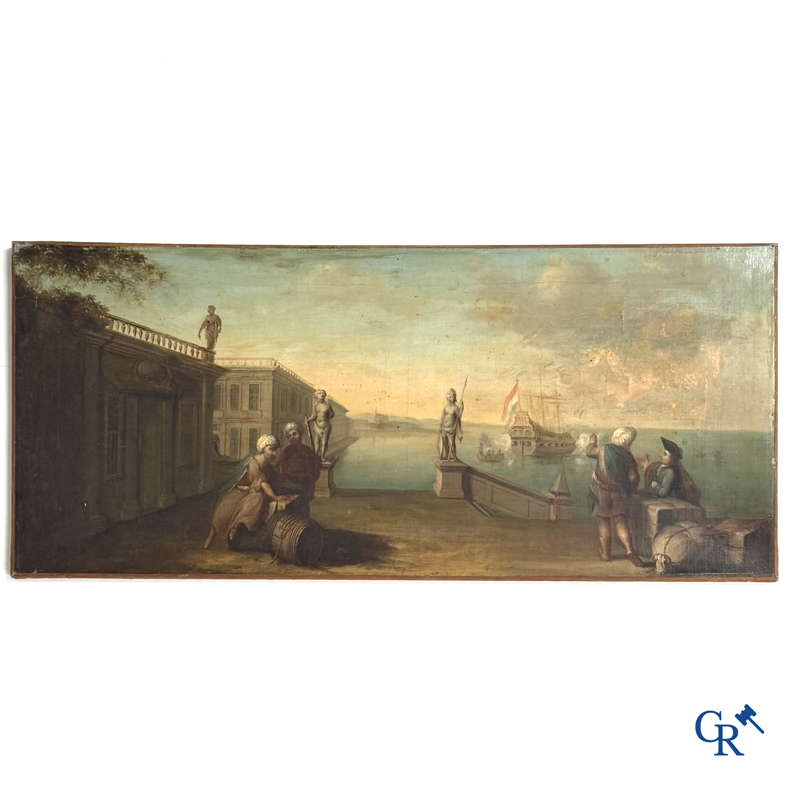 Schilderij. Havenzicht met een Hollands vlaggenschip. Olie op doek, 18e eeuw.