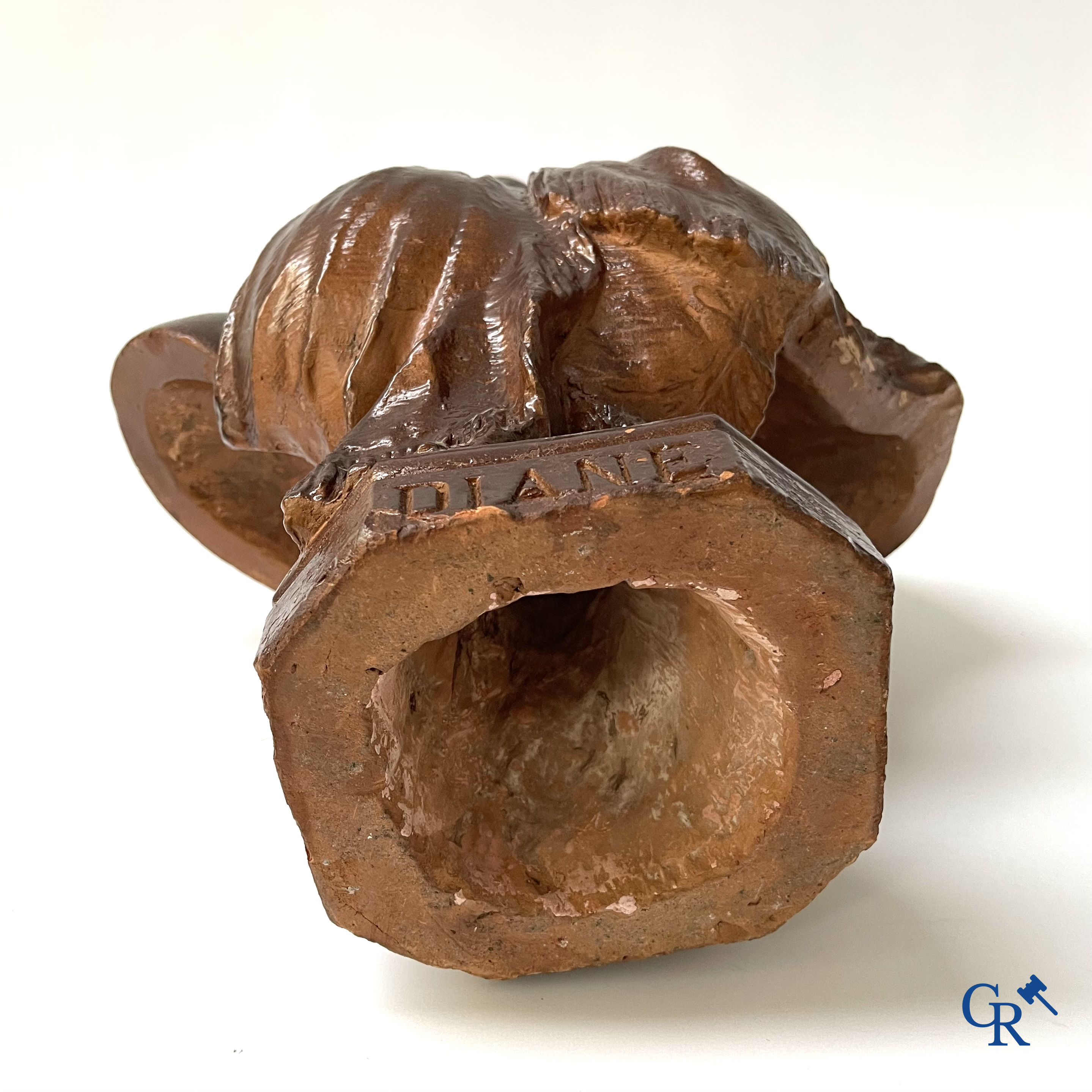 Don Van Den Bossche. Diane, bust in patinated terra cotta. Signed and dated Gand 1892.