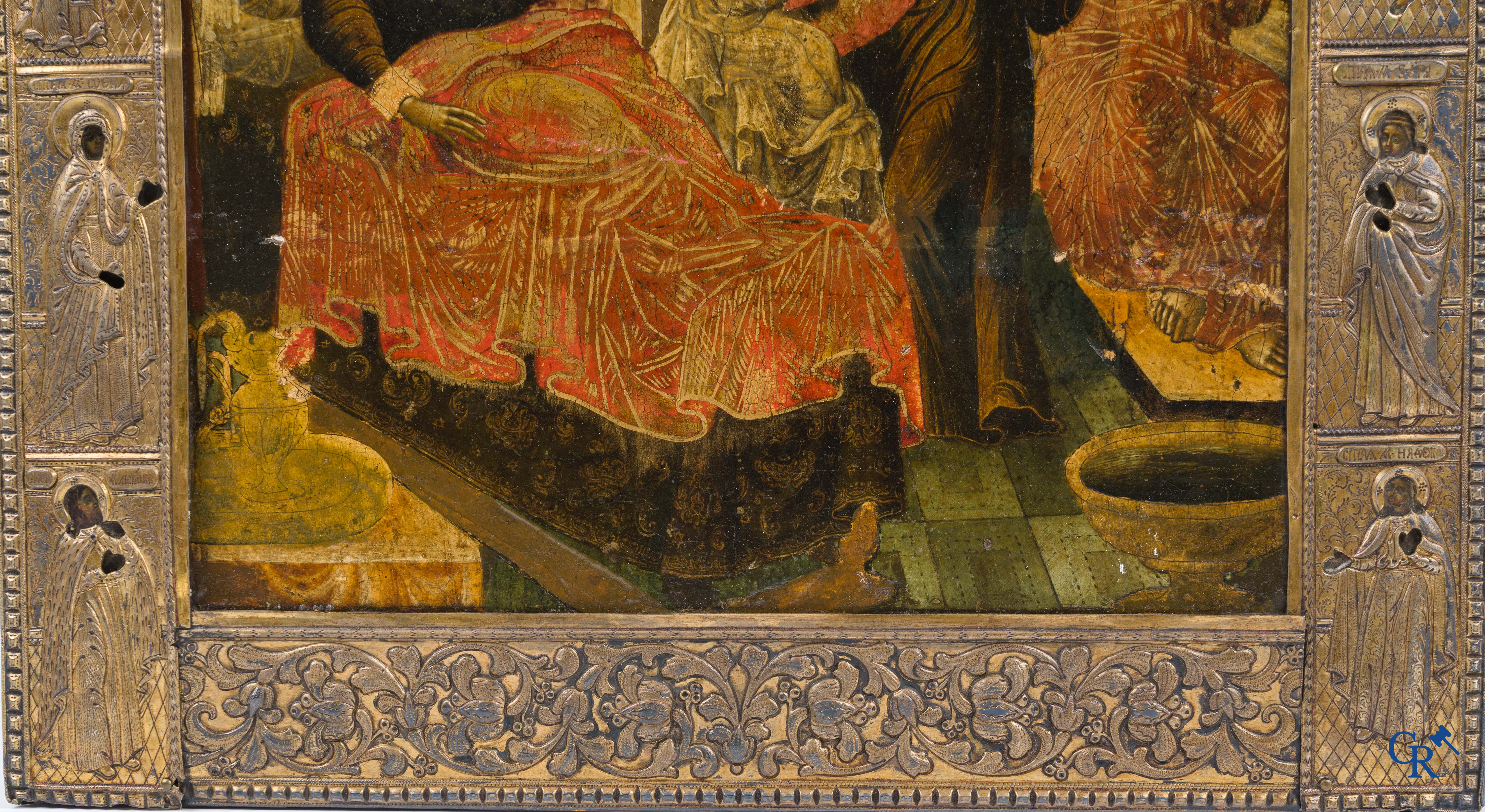 Russian work. The birth of Jesus. Important Russian icon with silver oklad. Silver grade 84 and dated 1883.