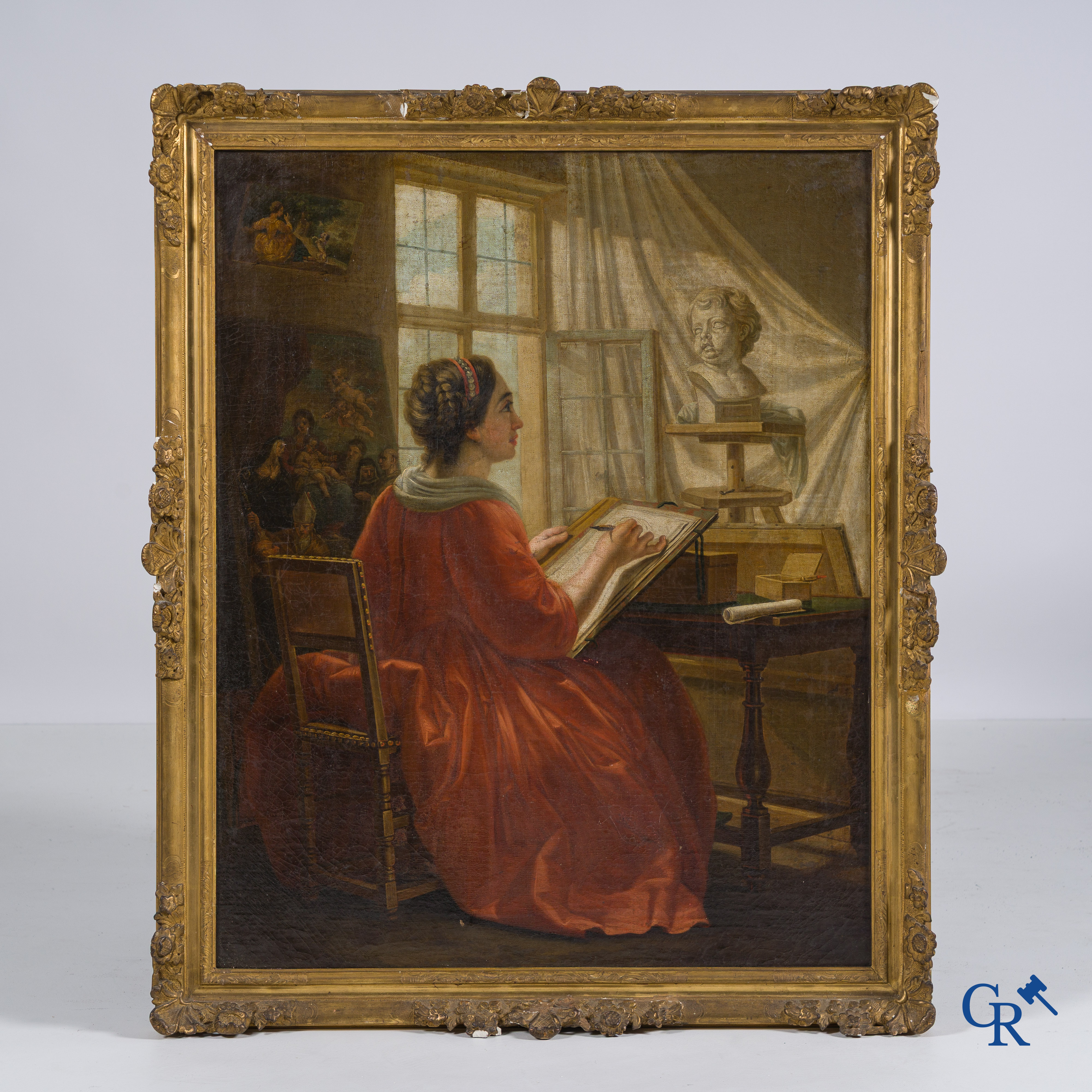 Franse school. "De tekenles". Schilderij, olie op doek. 19e eeuw.