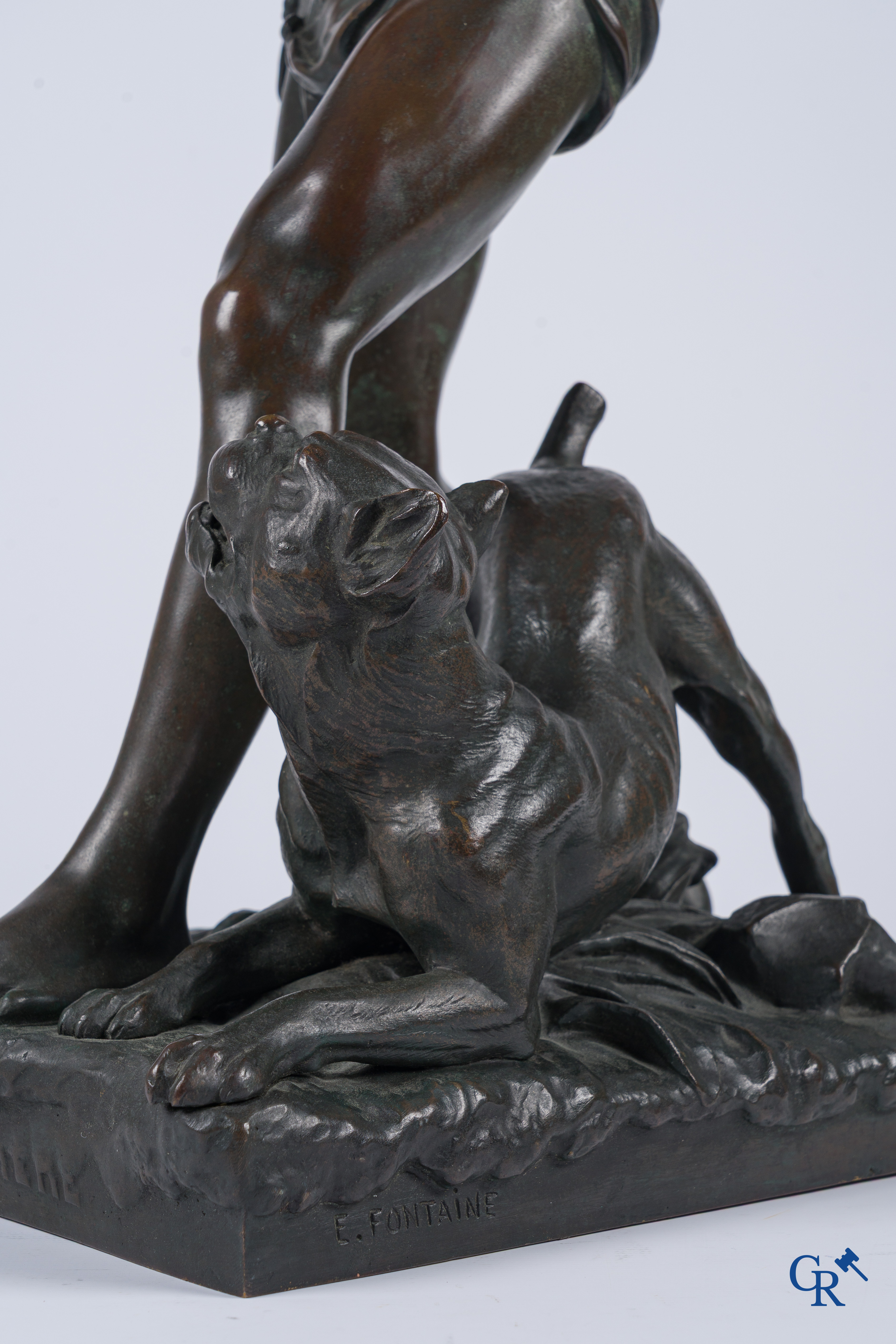 Emmanuel Fontaine, Bronze. "A la Rivière" Boy with dog. Signed E. Fontaine.