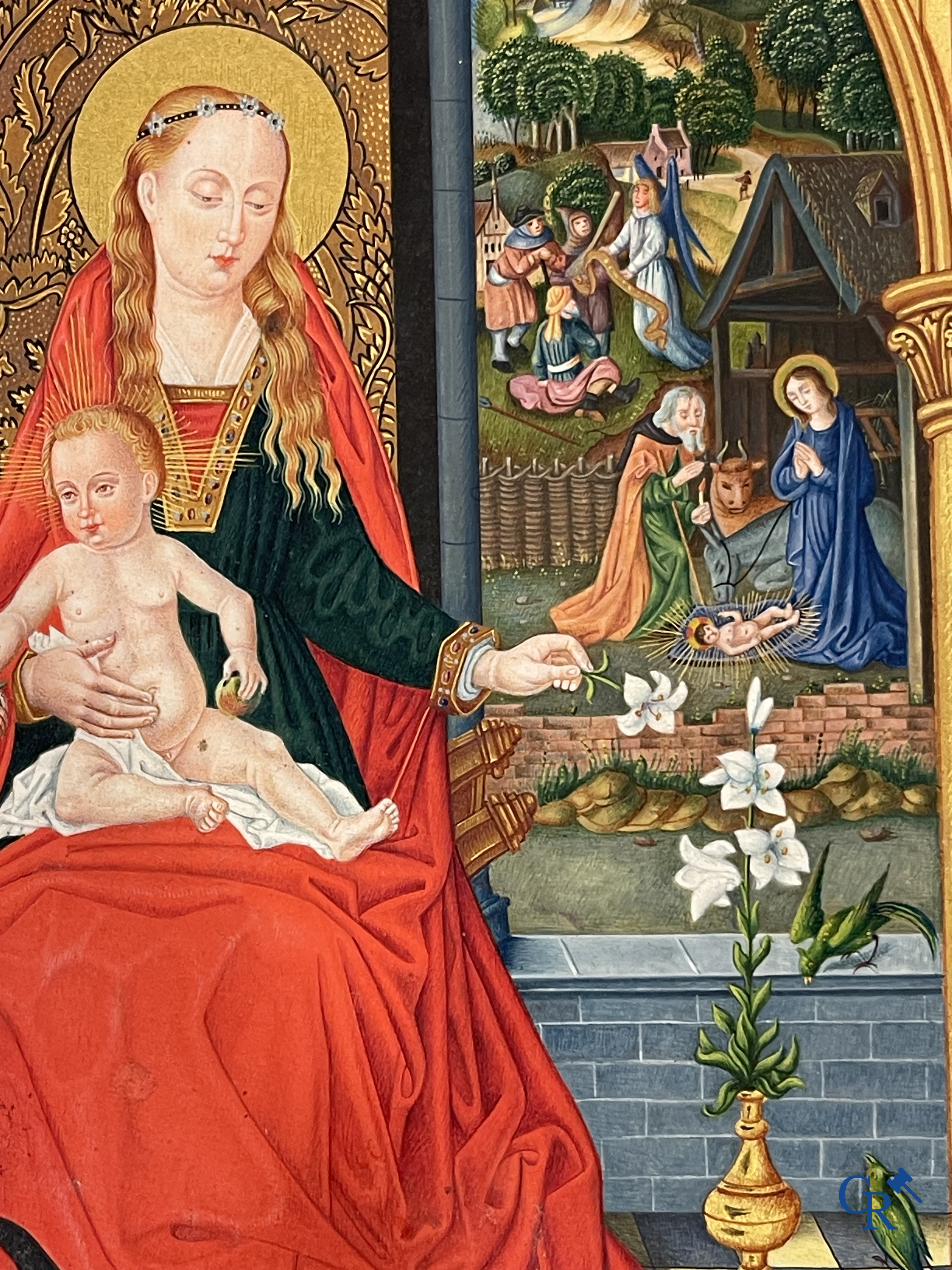 Uitzonderlijk miniatuurschilderij, Madonna en kind met de engelen. In de stijl van de Vlaamse Primitieven. 19e eeuw.