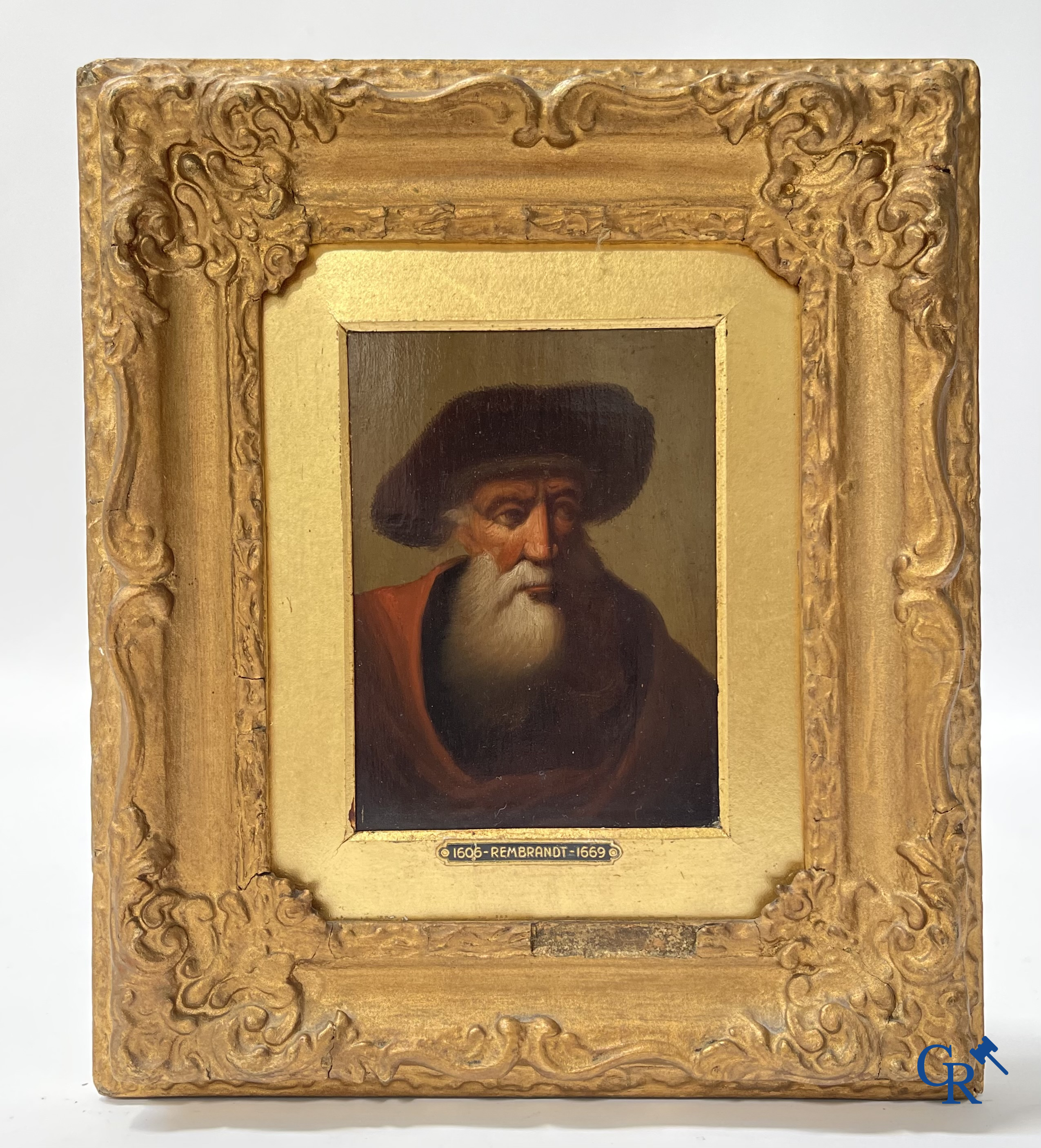 A pair of portrait paintings after Rembrandt Van Rijn, oil on panel, 2 portrait pen drawings attached. 19th century.