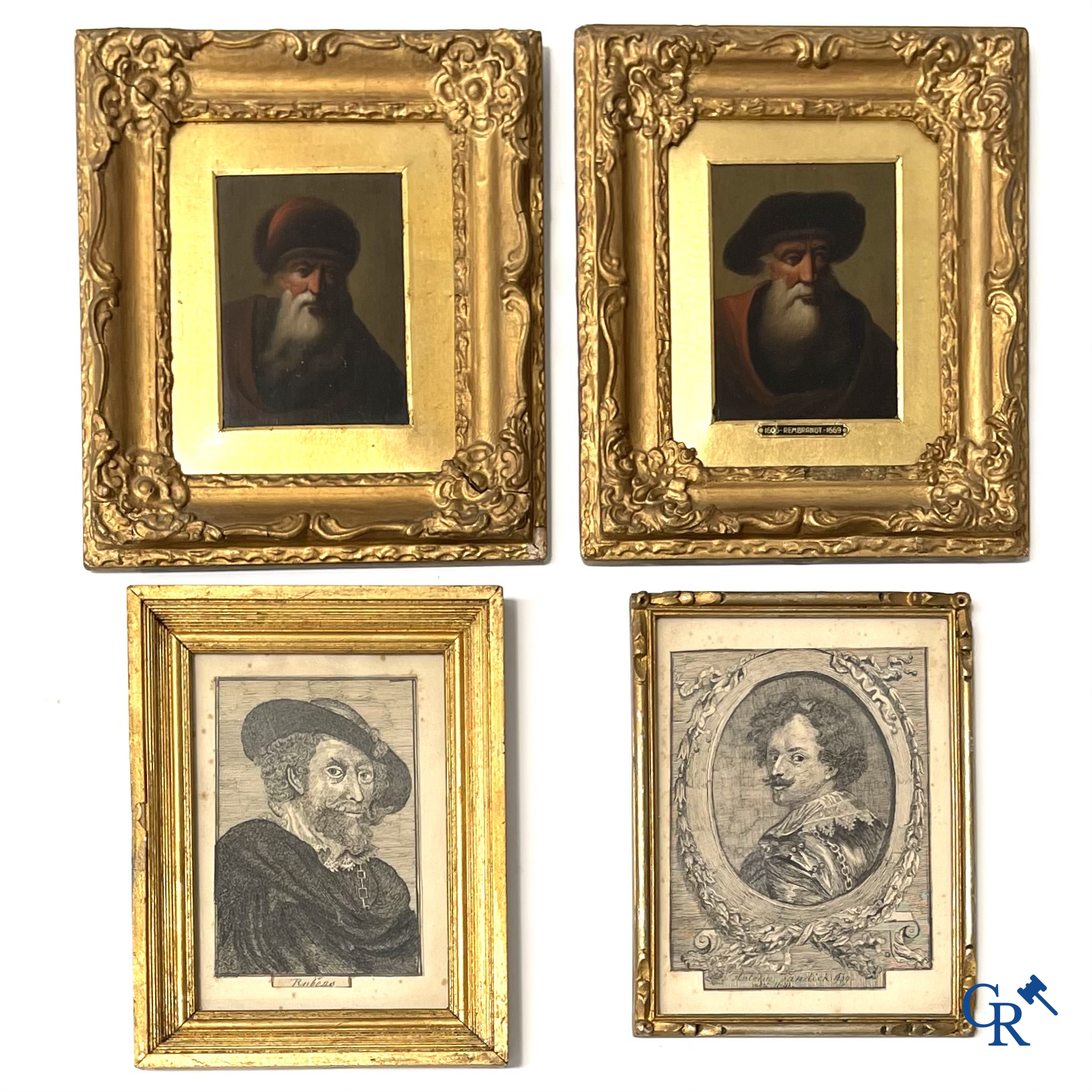 A pair of portrait paintings after Rembrandt Van Rijn, oil on panel, 2 portrait pen drawings attached. 19th century.