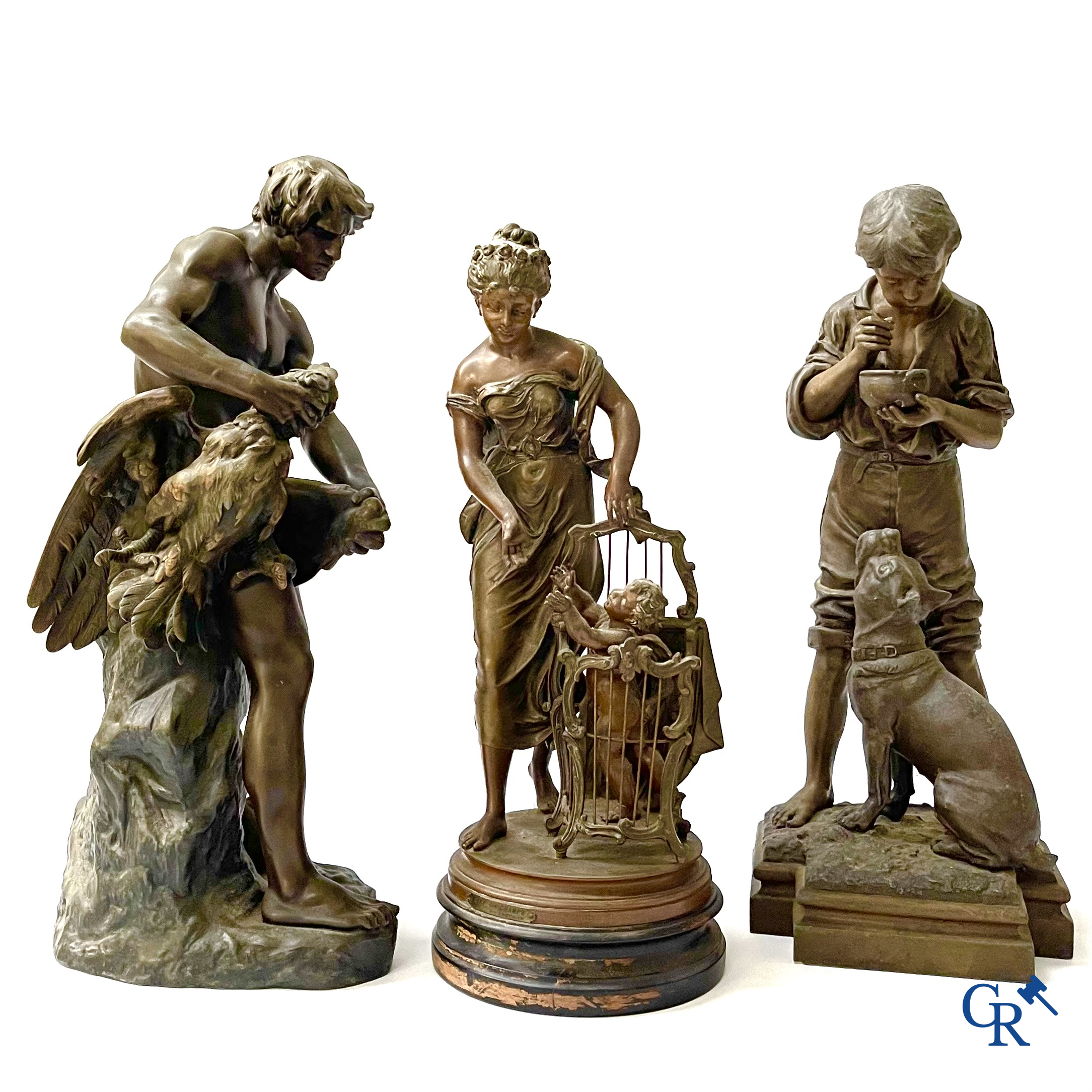 A lot of 3 sculptures in spelter. Anatole Guillot, Emile Bruchon, Rousseau. Circa 1900.