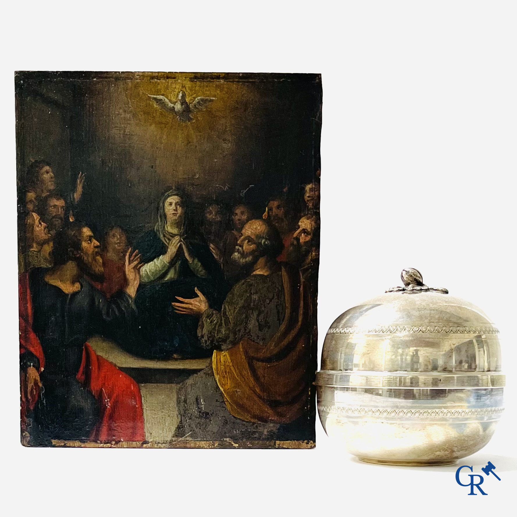 Religious Painting, The Descent of the Holy Spirit. Oil on panel. A lid bowl in silver 900°/00 added.