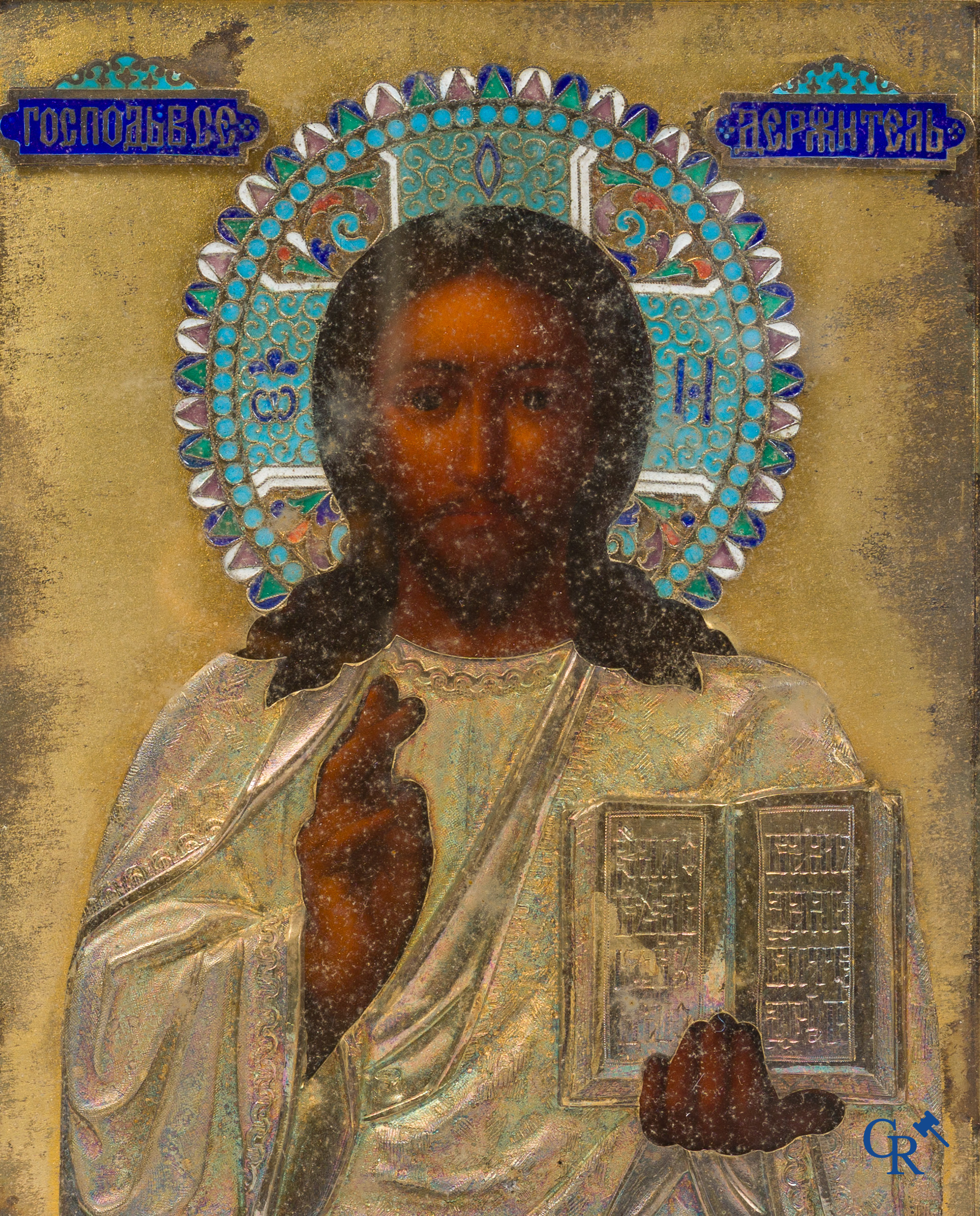 Iconen, een paar Russische geëmailleerde iconen in een houten frame. Keurmerken.