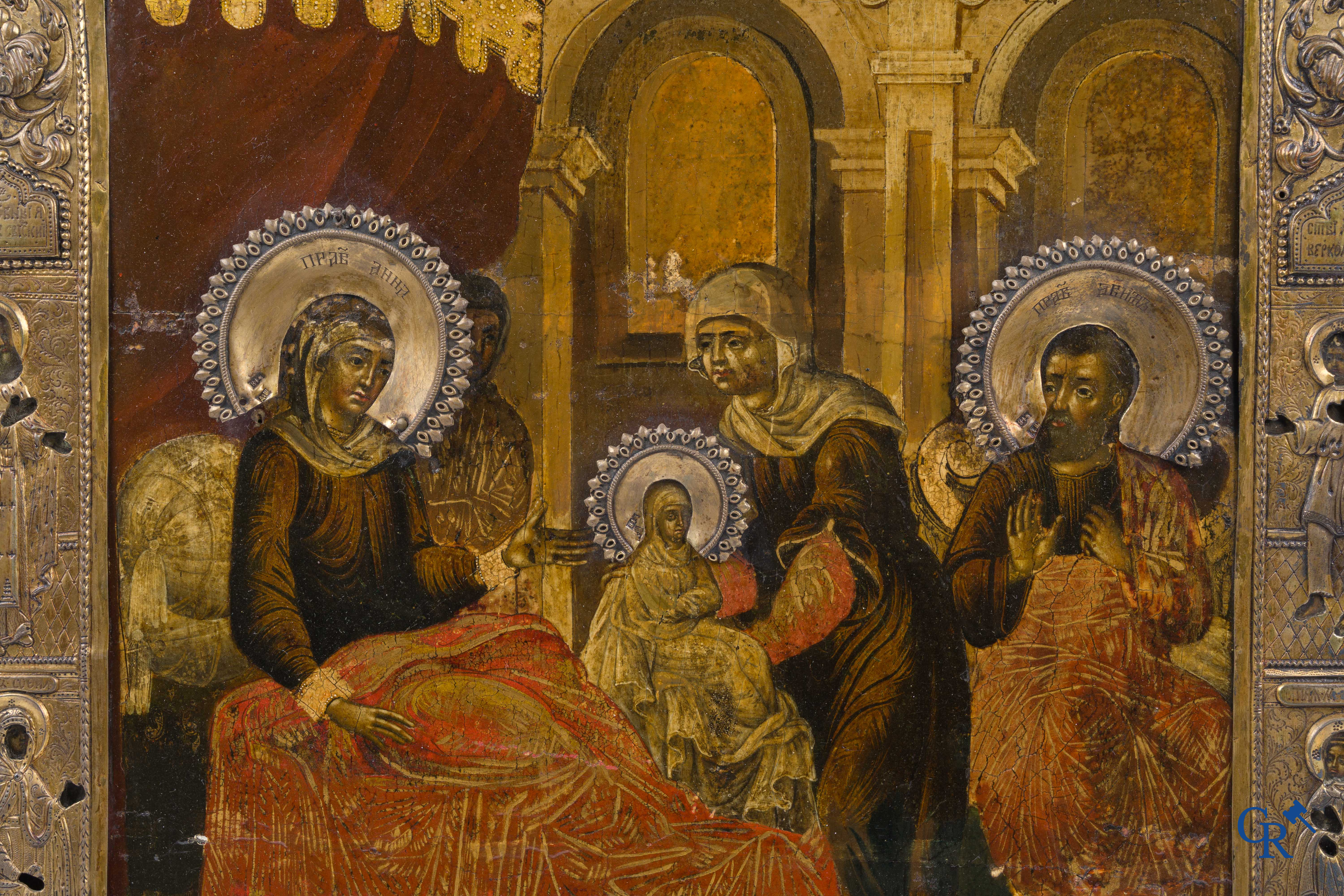 Russian work. The birth of Jesus. Important Russian icon with silver oklad. Silver grade 84 and dated 1883.