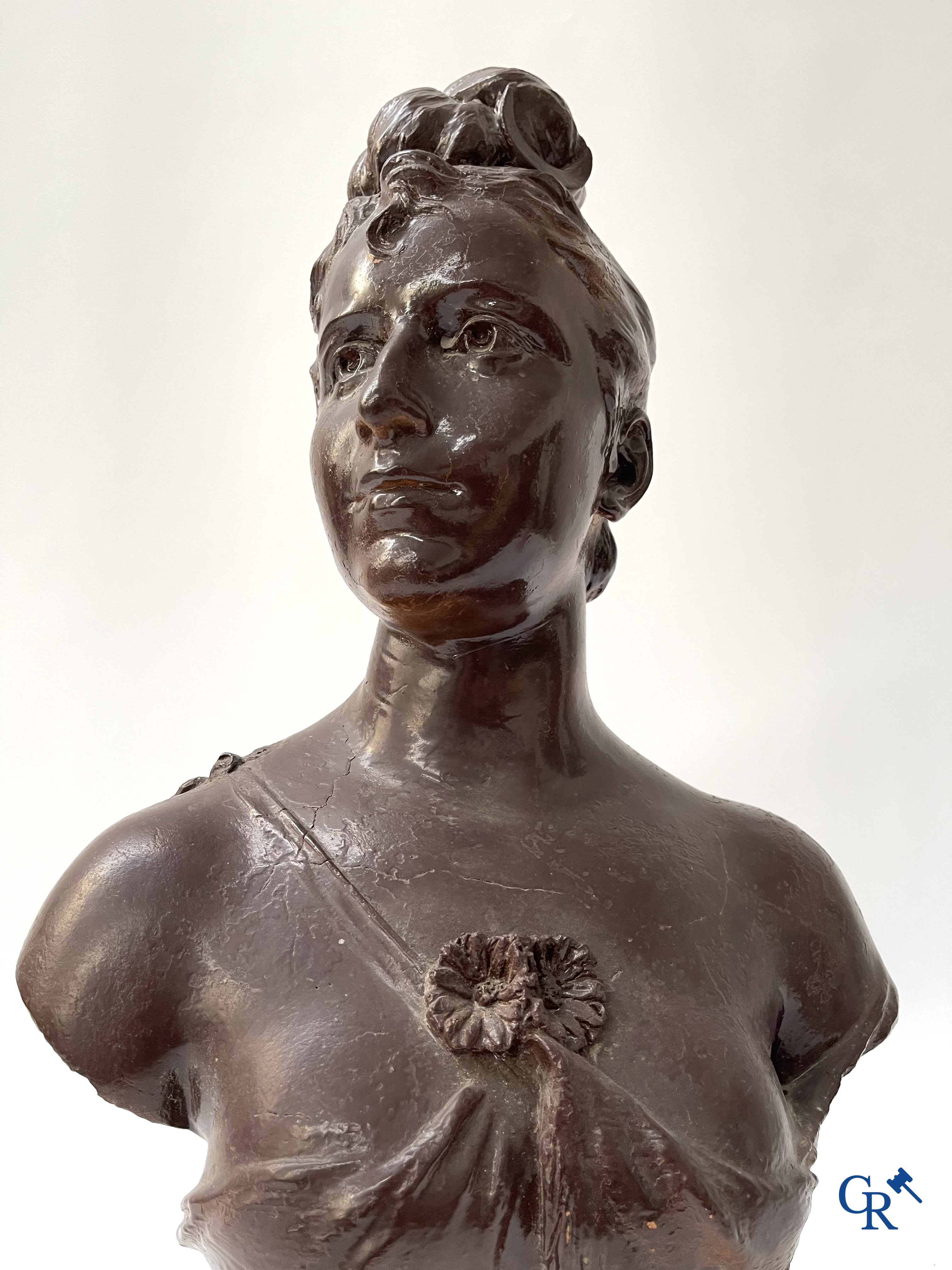 Don Van Den Bossche. Diane, bust in patinated terra cotta. Signed and dated Gand 1892.