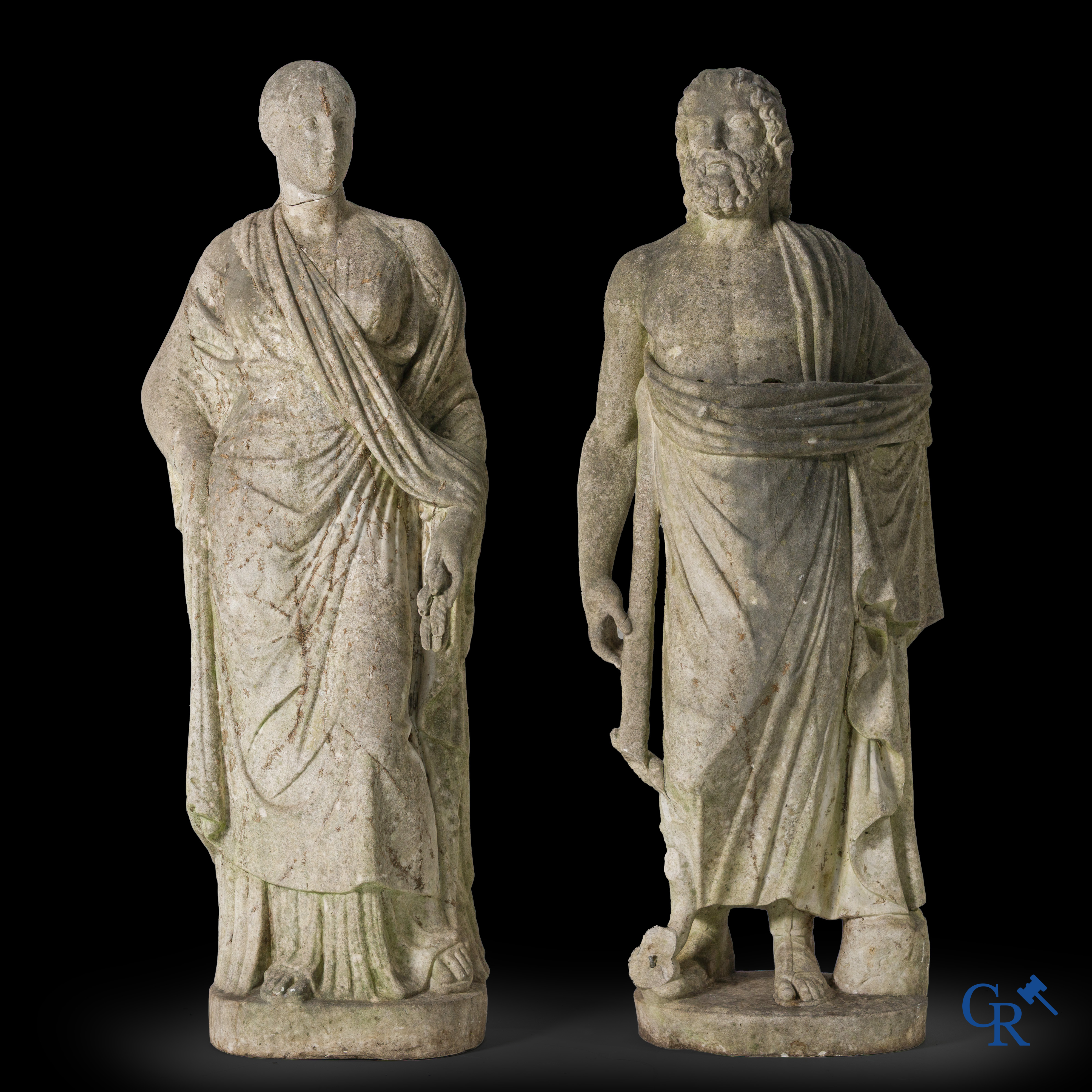 2 Imposing sculptures in carved marble. The Roman goddess Cerès and the Greek god Asklepios. Circa 1700-1750.