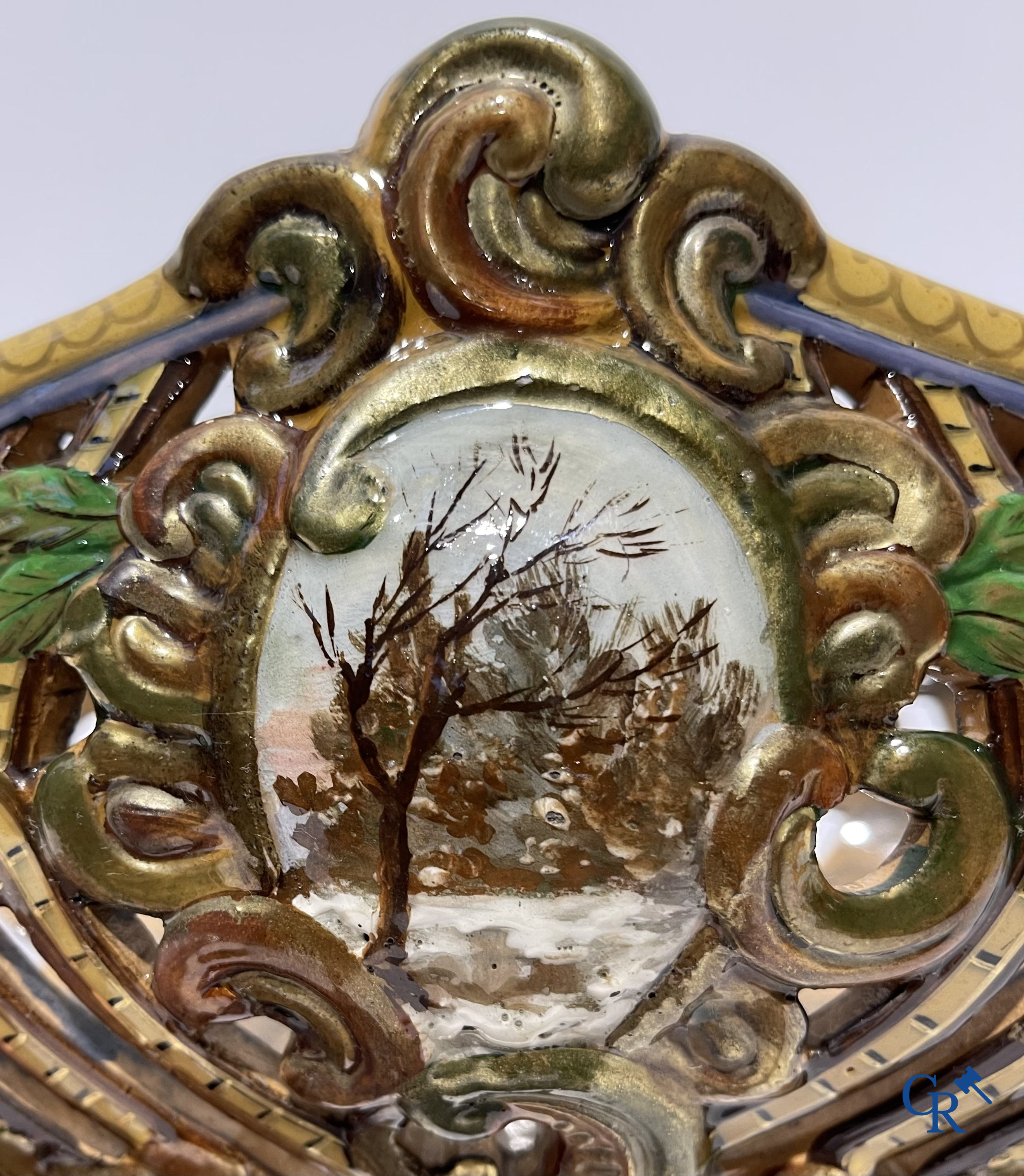 Emile Gallé Nancy, large table centrepiece in enamelled faience. Signed Gallé Nancy deposé.