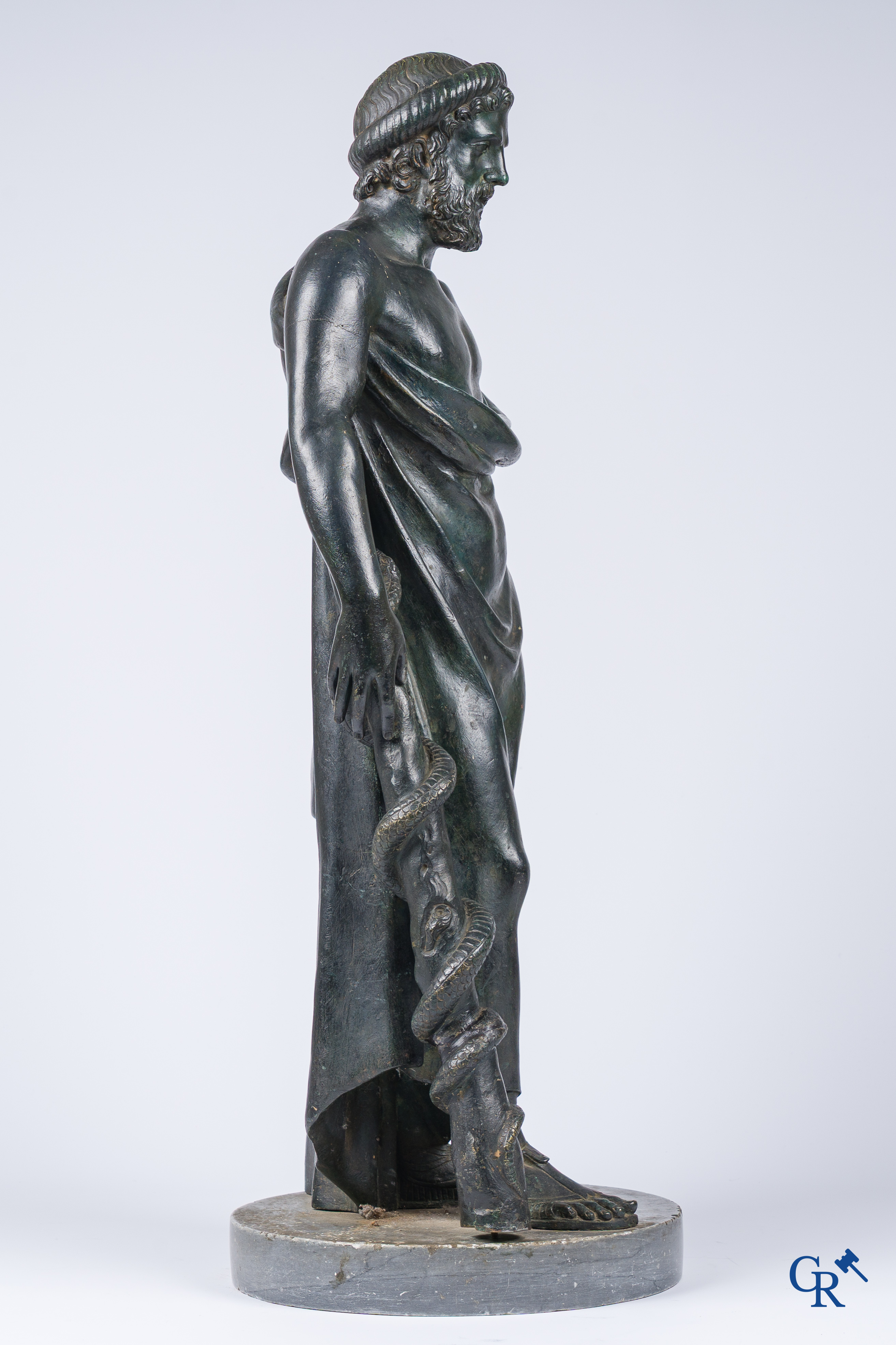 Asklepios. Greek god of medicine and healing. Pedestal in grey St. Anna marble. Late 18th - Early 19th century.