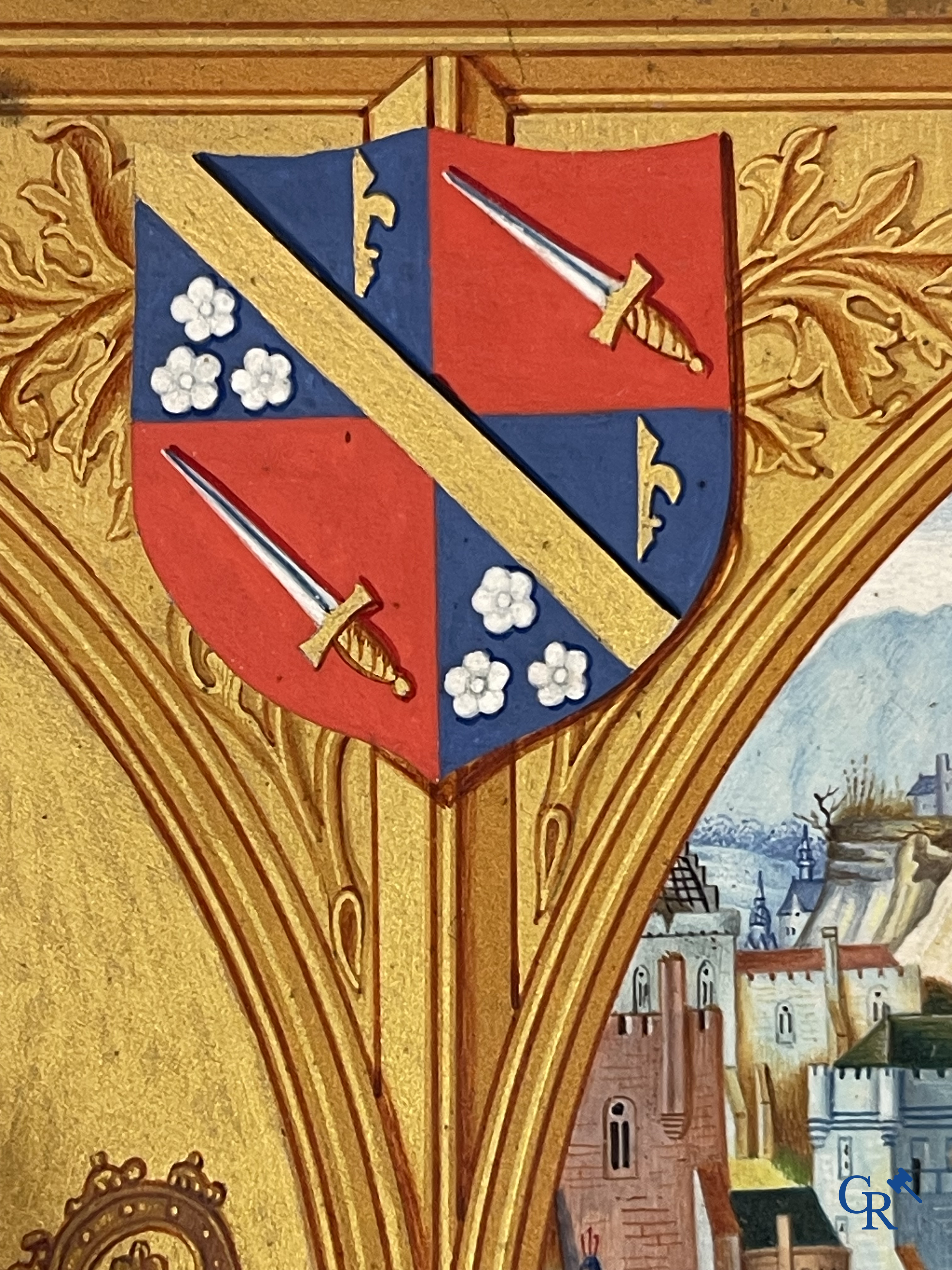 Uitzonderlijk miniatuurschilderij, Madonna en kind met de engelen. In de stijl van de Vlaamse Primitieven. 19e eeuw.