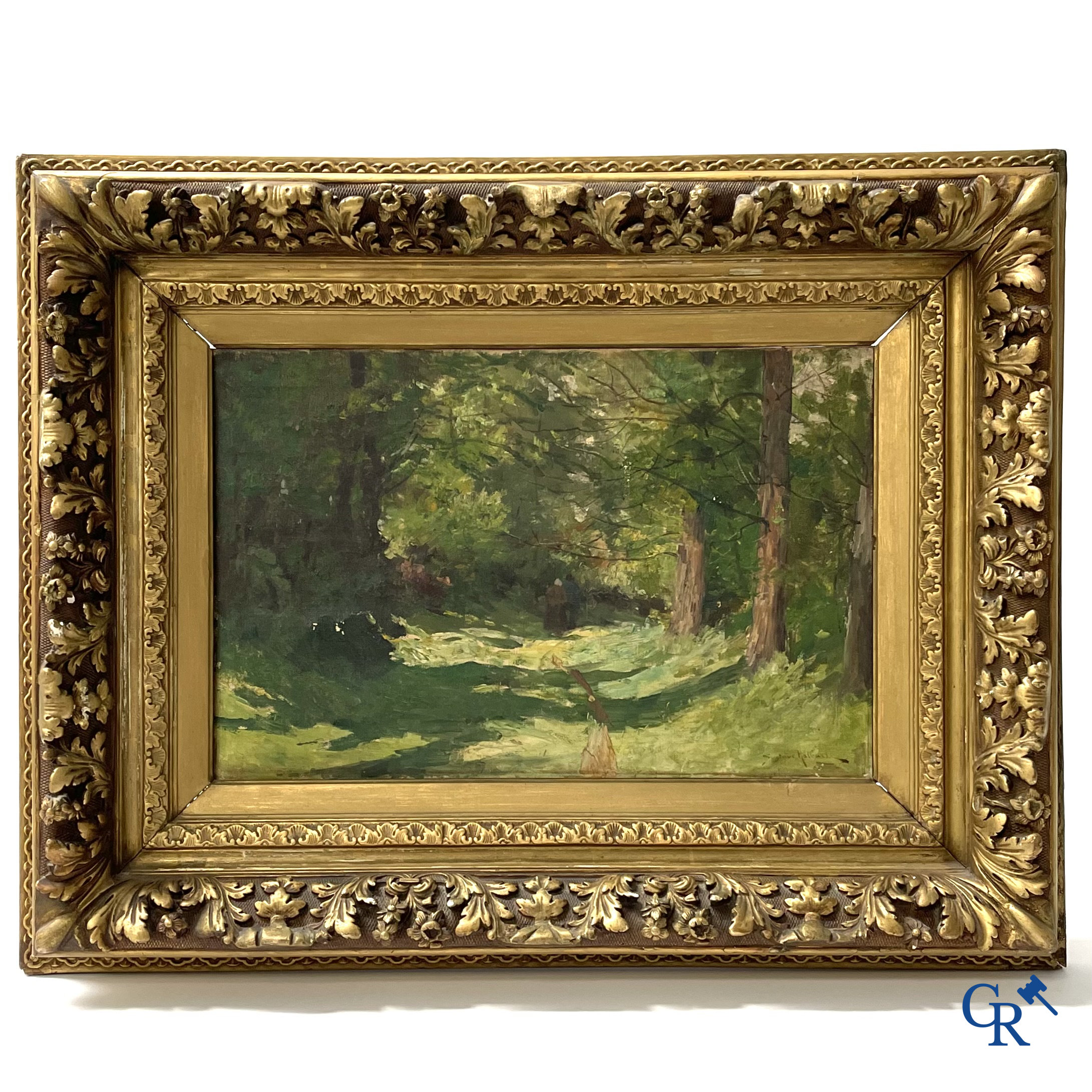 Gustave Halbart (1846-1913) Forest path with characters. Painting, oil on canvas in an imposing frame. Signed lower right.