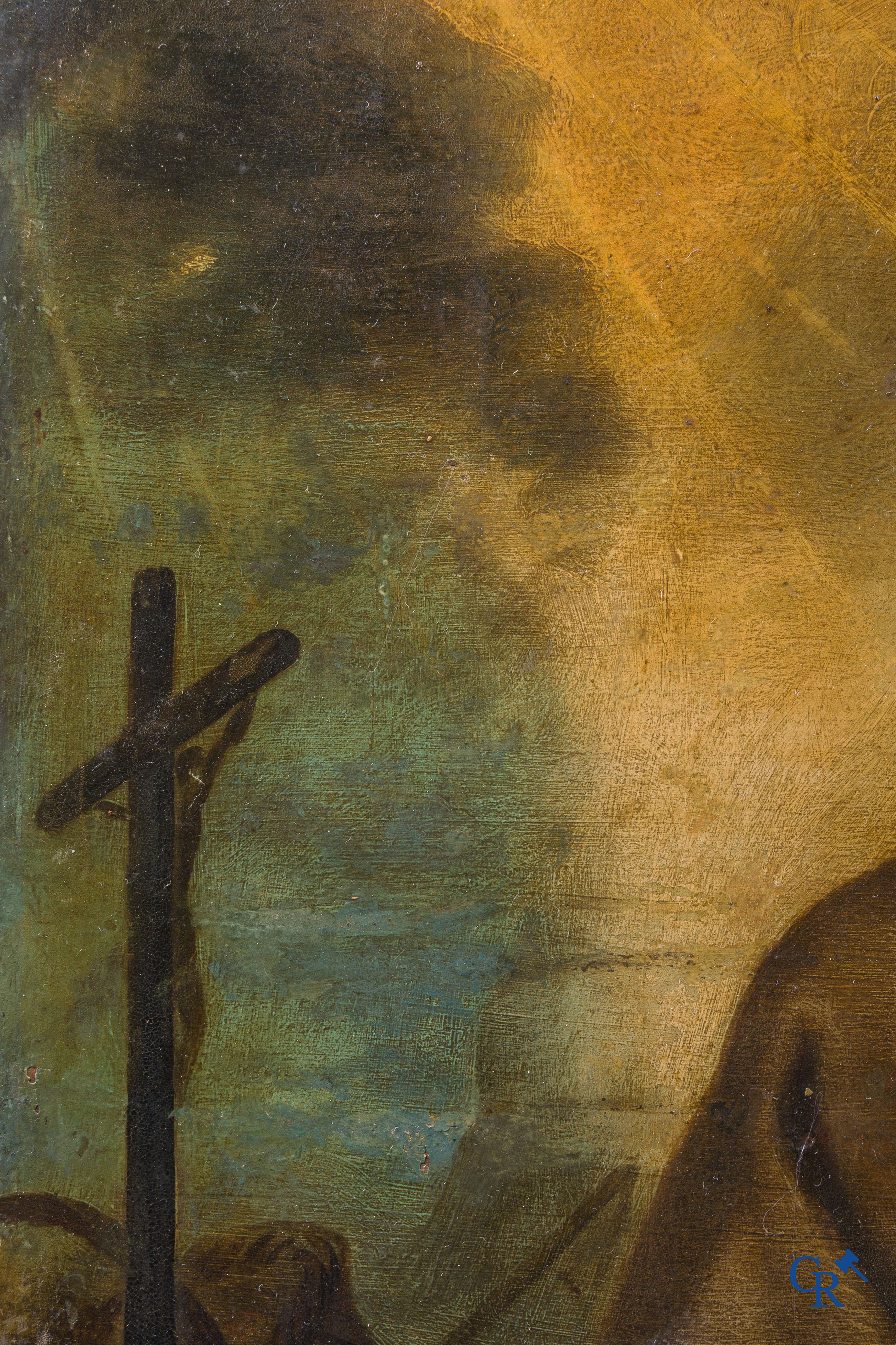 Saint Francis of Assisi, comforted by an angel. Oil on copper. Parquetry. 18th century.