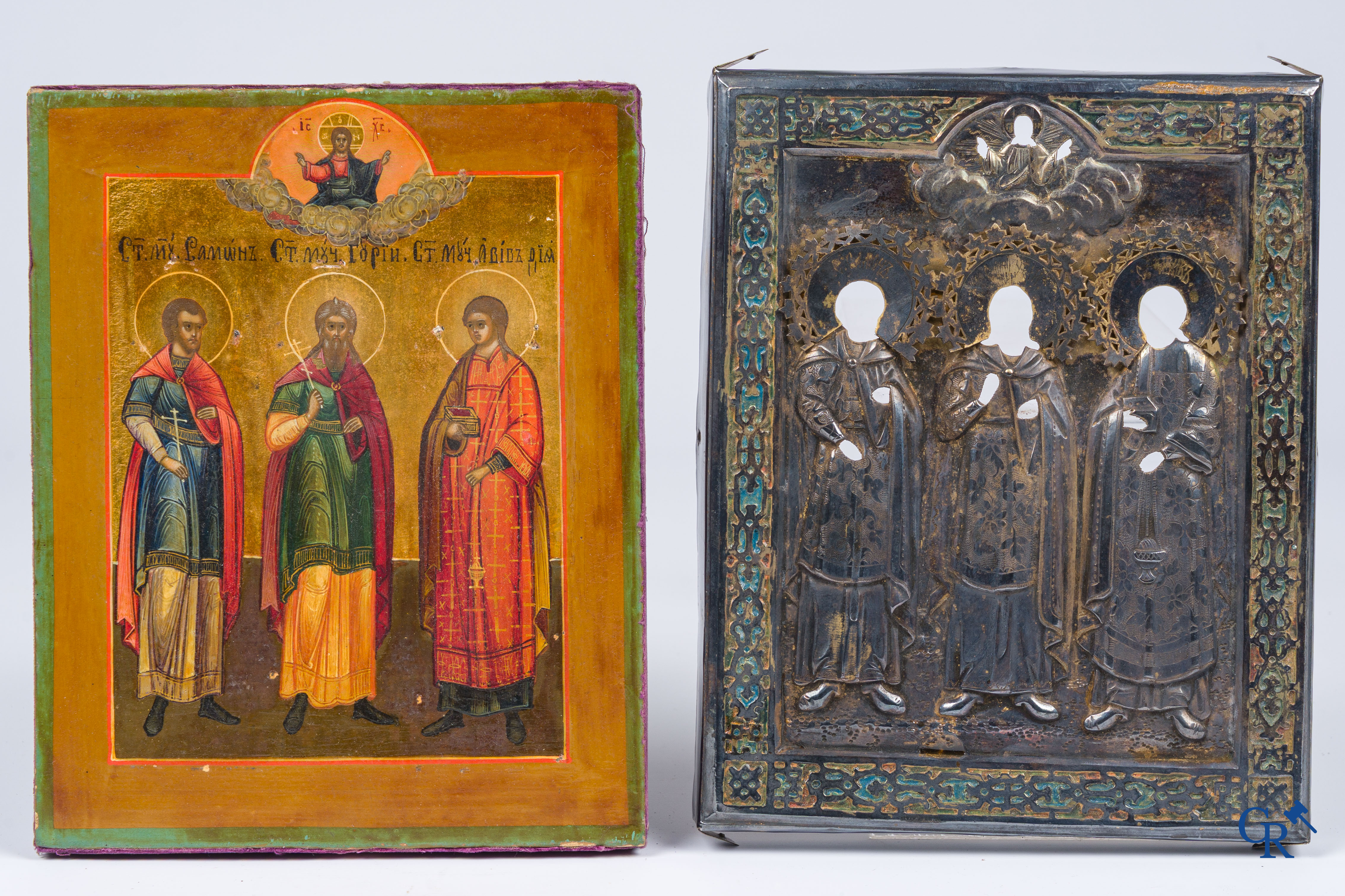 Russian work. Icon with oklad in silver 84, tempera on wood. Dated 1894. Hall marks.
