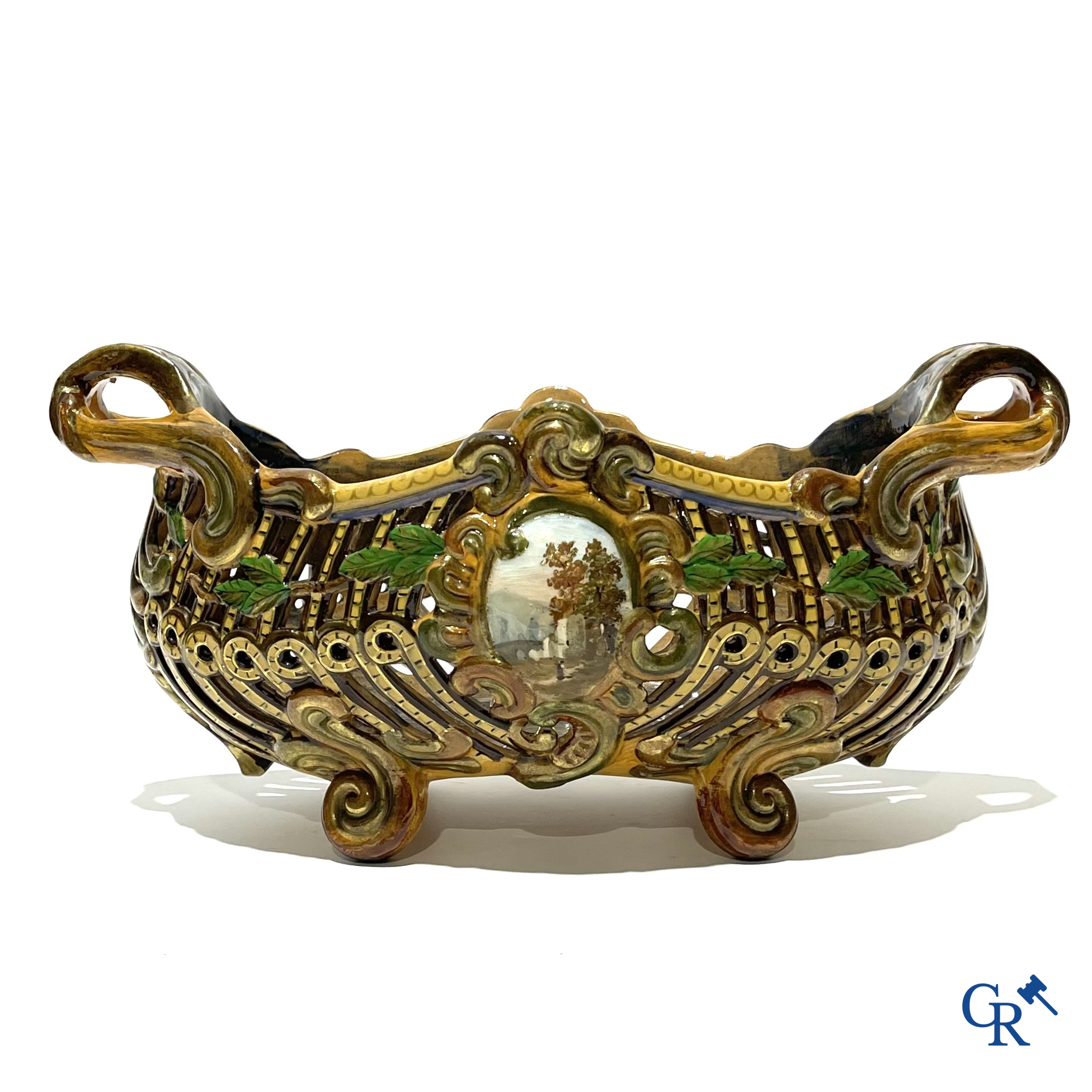 Emile Gallé Nancy, large table centrepiece in enamelled faience. Signed Gallé Nancy deposé.