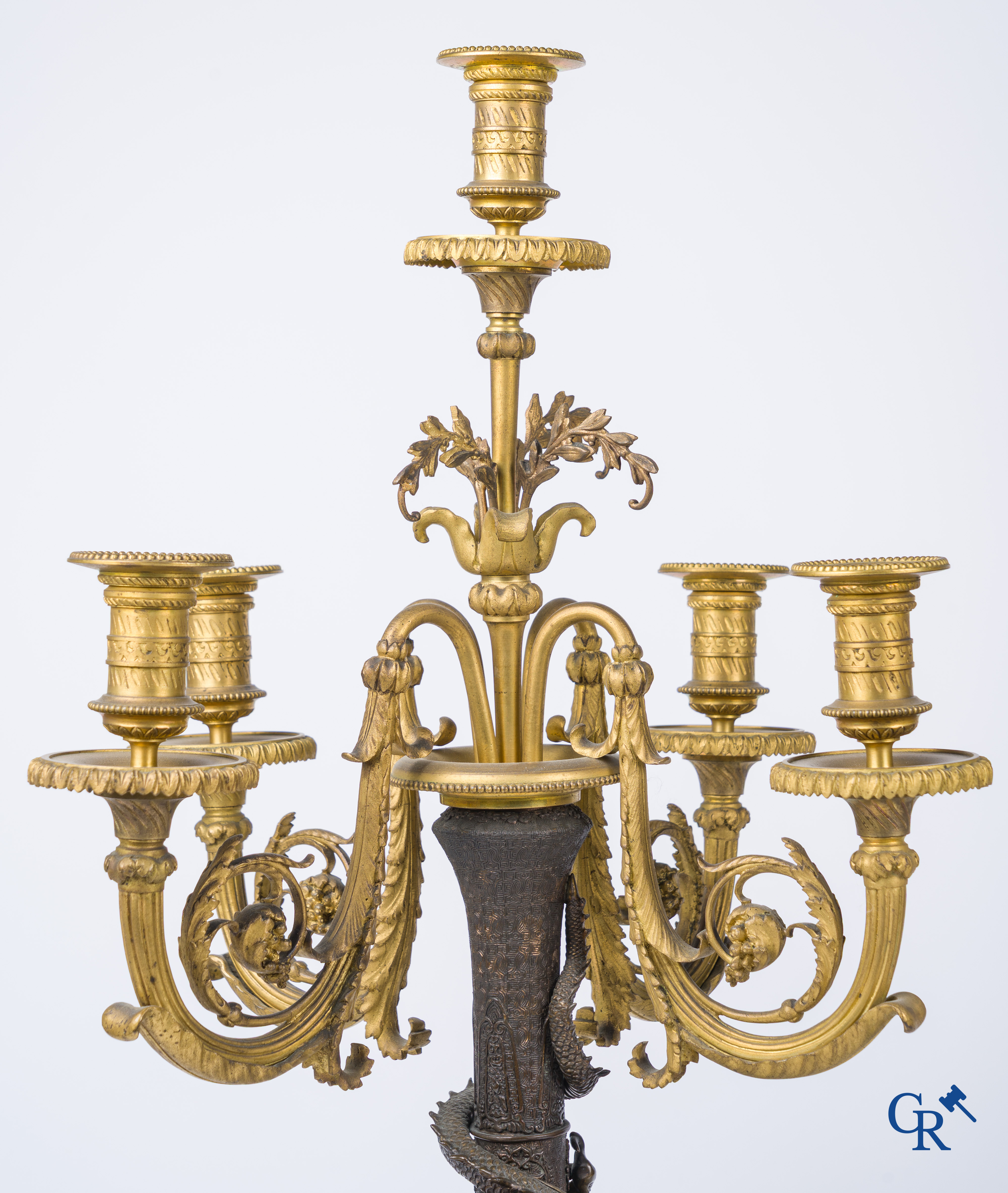 Asian Art, A pair of bronze candlesticks with finely crafted Oriental vases with dragons, circa 1880.