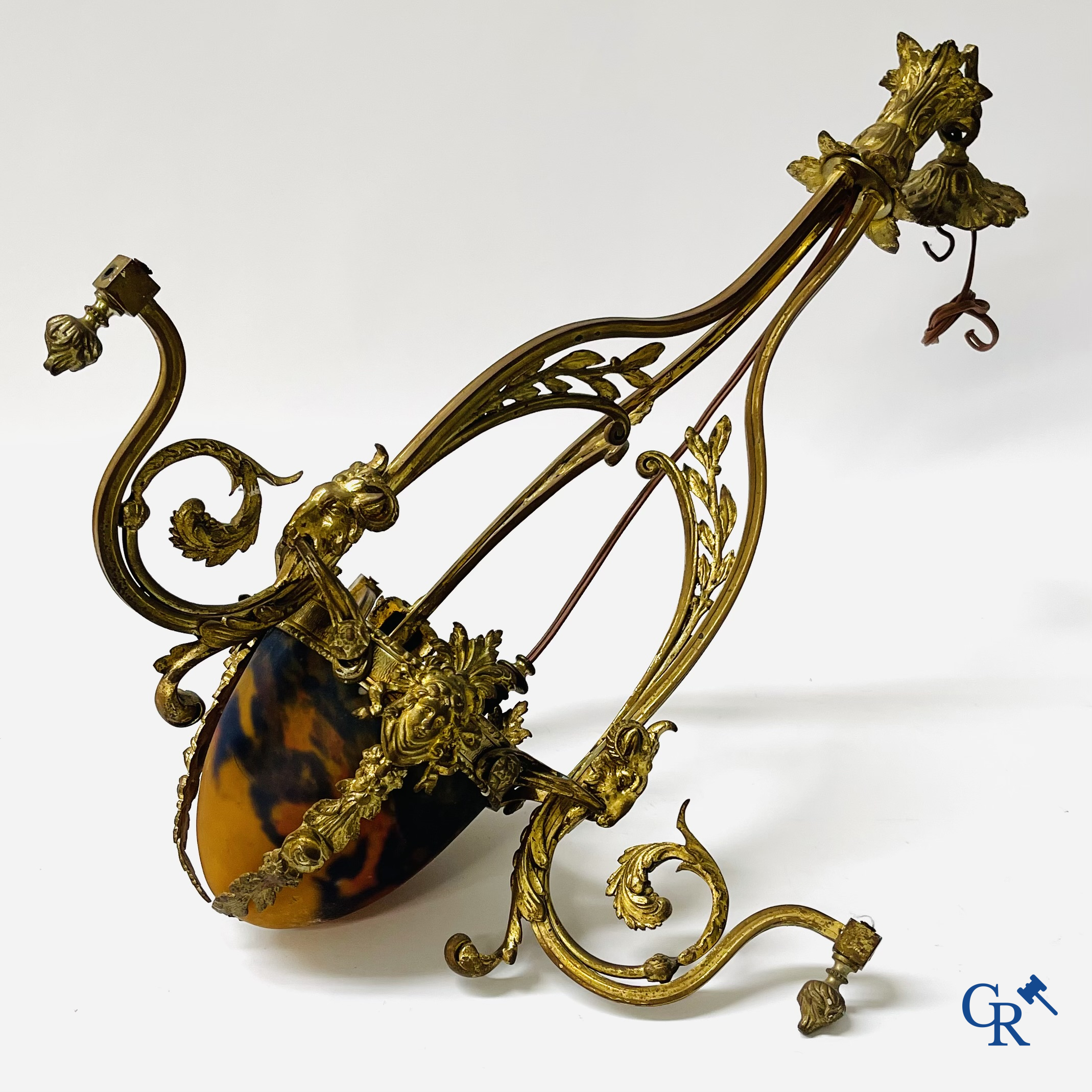 A large lot of brocante including Royal Dux, Biscuit statues, porcelain, globes, spelter statues, table lamp, chandelier etc.