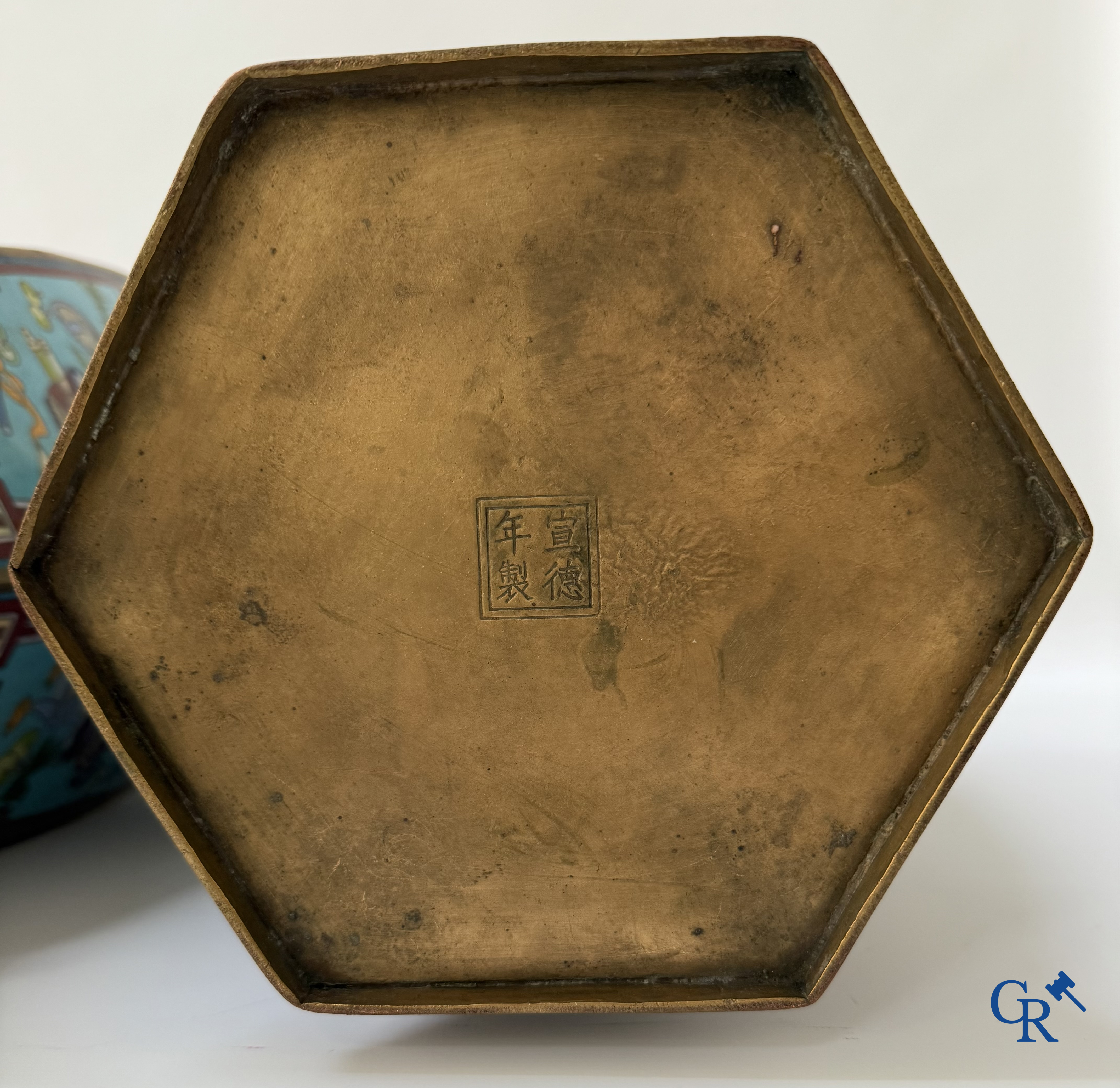 Asian Art, a large pair of hexagonal Chinese cloisonné vases with a decor of antiques.