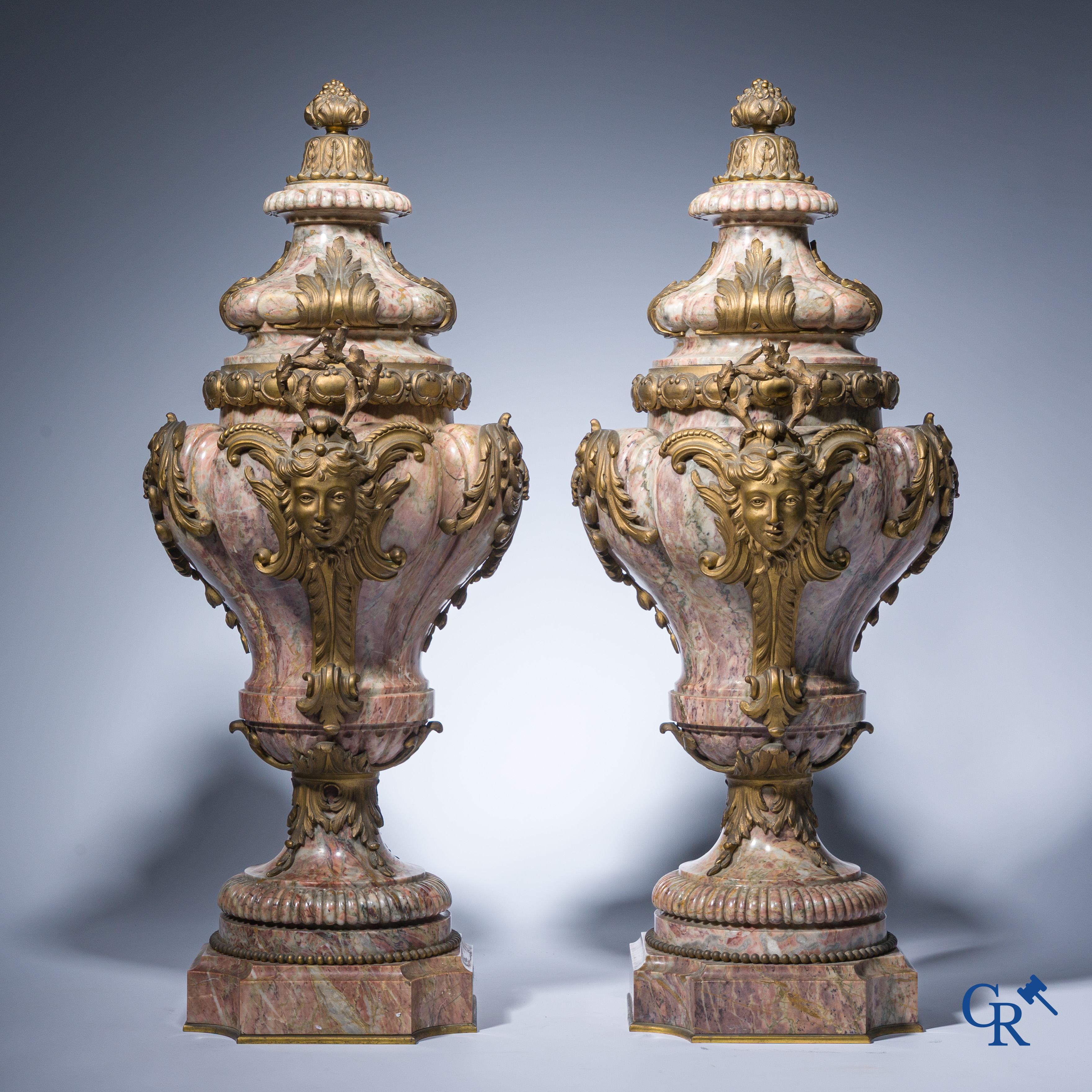 Exceptionally pair of cassolettes in finely carved marble and bronze mounts. LXVI style.