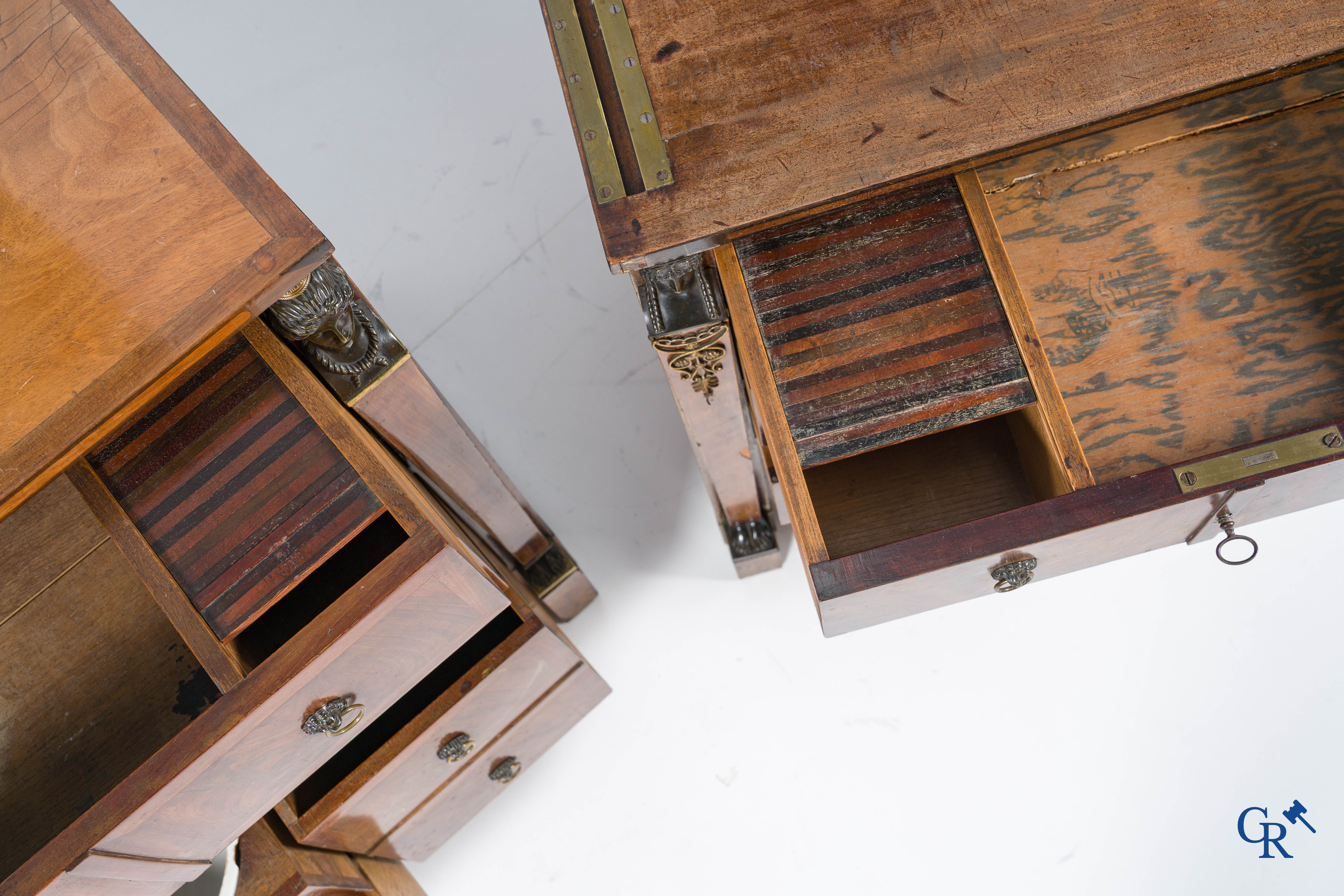 Chapuis, a mahogany wooden men's dressing table and ladies' dressing table with chiseled bronzes. Empire, circa 1810.