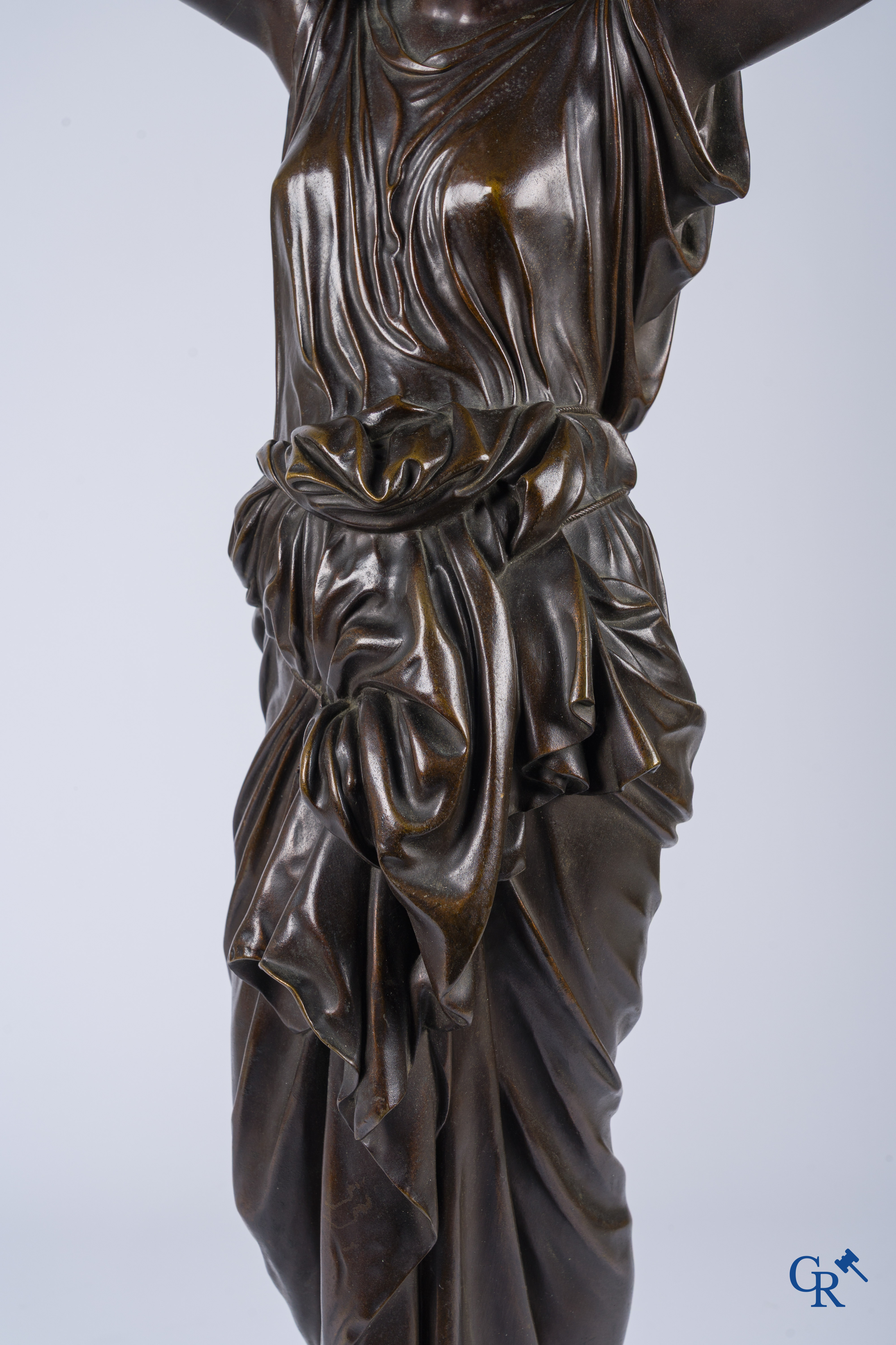 Louis Léon Cugnot (1835-1894) A large 3-piece bronze chimney set "La Fileuse" Signed L. Cugnot.