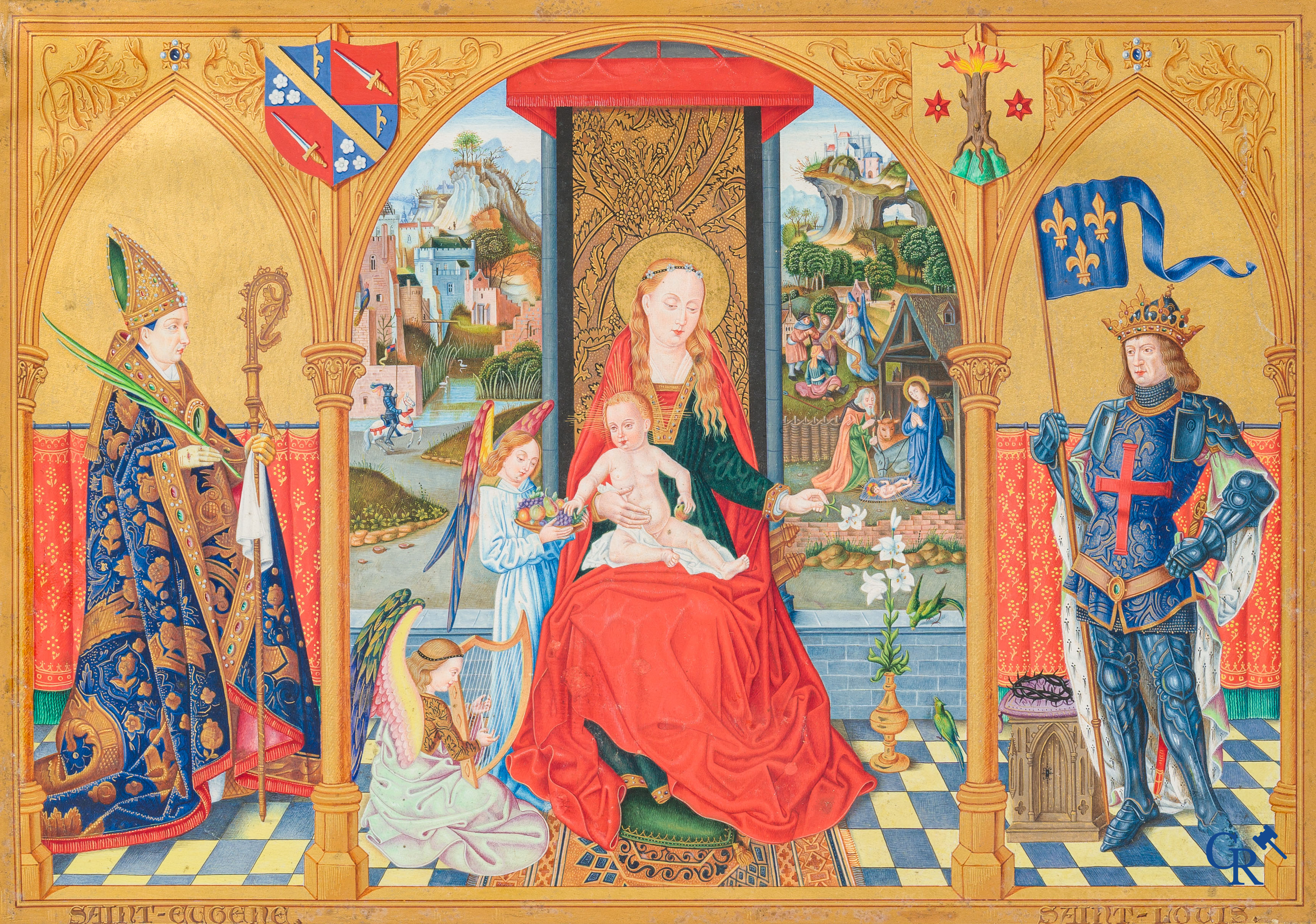 Uitzonderlijk miniatuurschilderij, Madonna en kind met de engelen. In de stijl van de Vlaamse Primitieven. 19e eeuw.