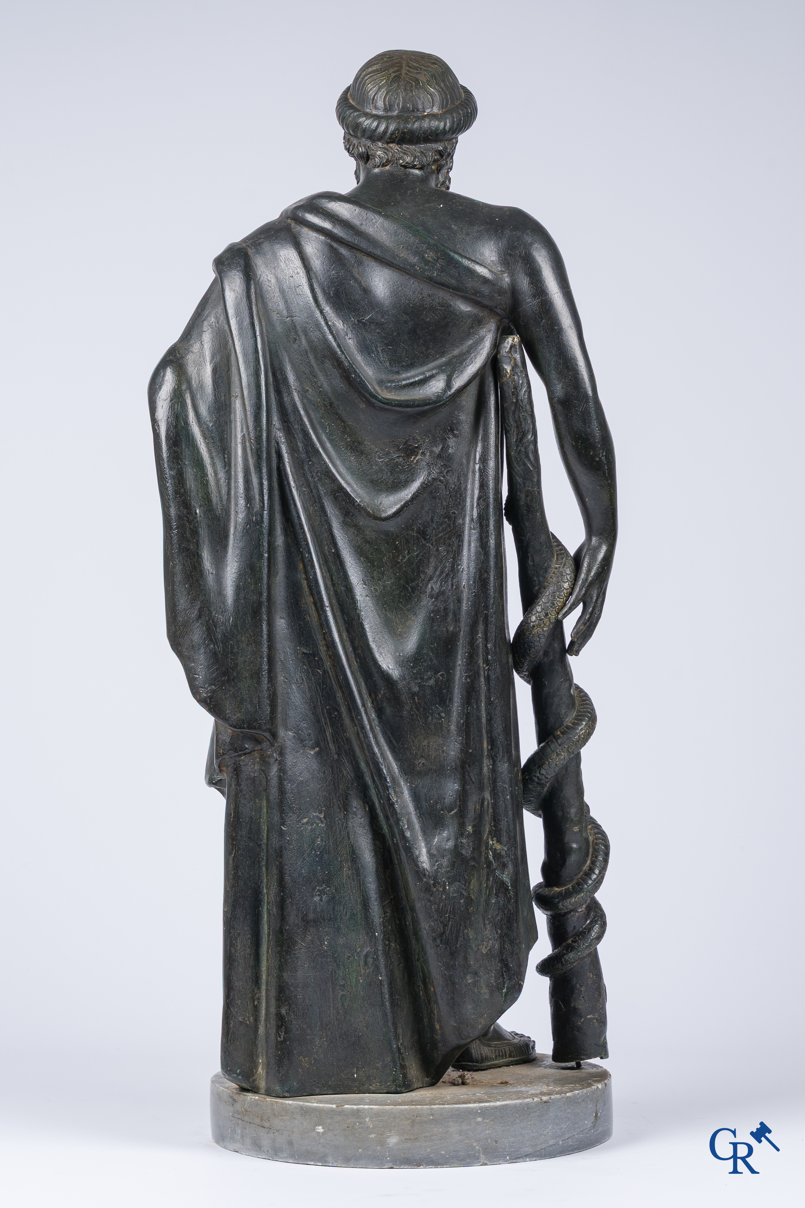 Asklepios. Greek god of medicine and healing. Pedestal in grey St. Anna marble. Late 18th - Early 19th century.