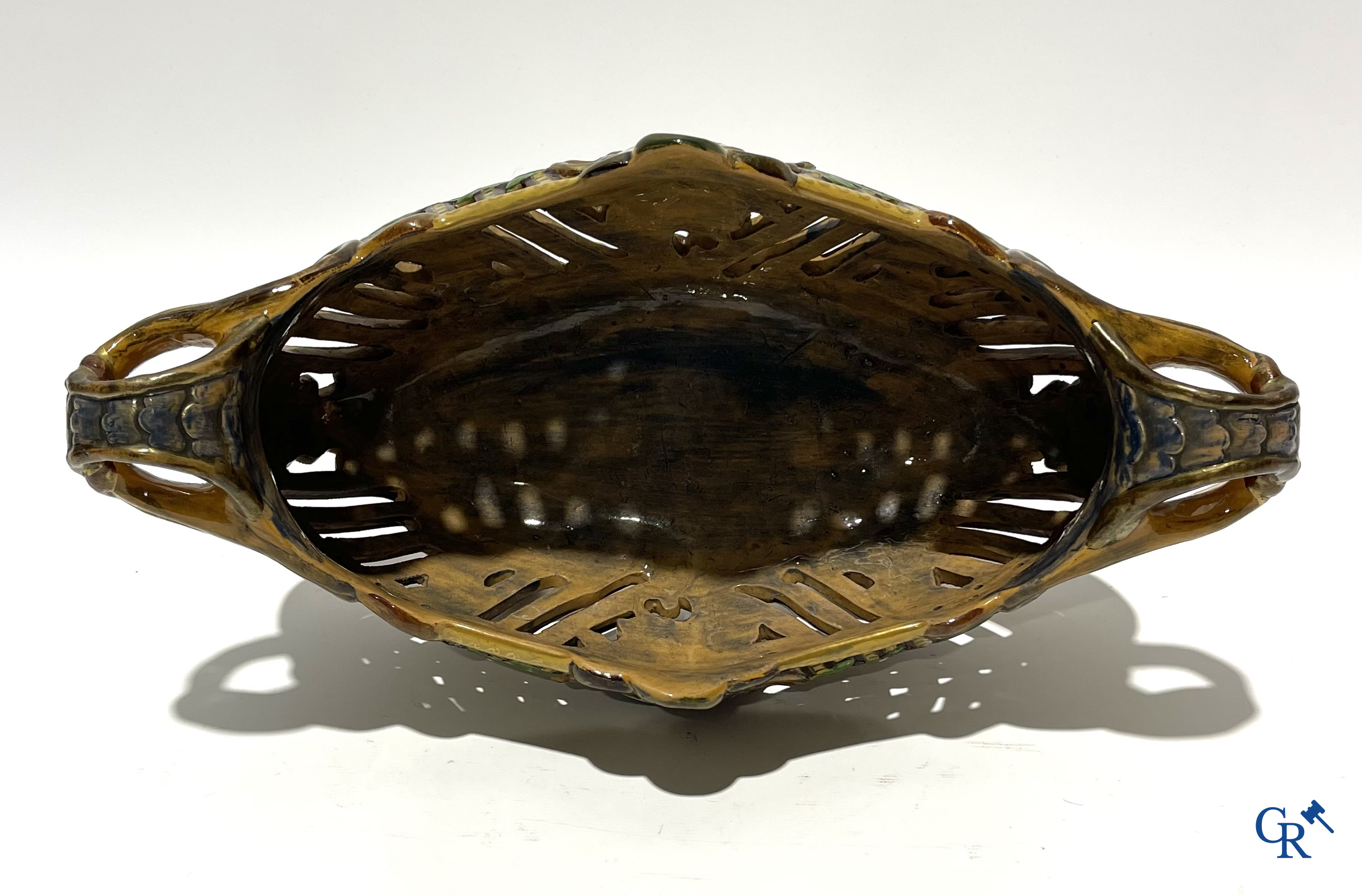 Emile Gallé Nancy, large table centrepiece in enamelled faience. Signed Gallé Nancy deposé.