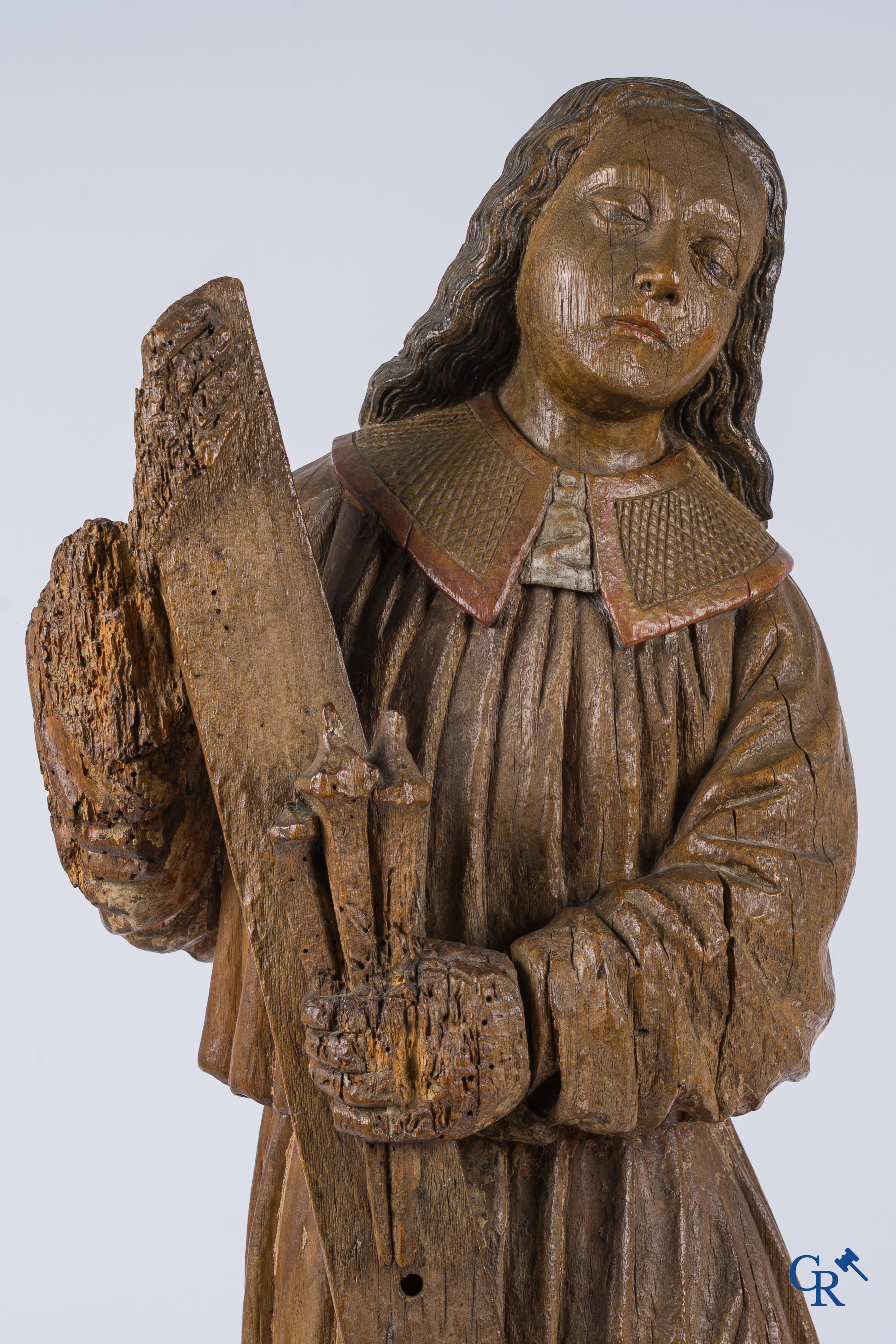 Religious objects, an antique wood carved representation of an archangel. Traces of polychromy.