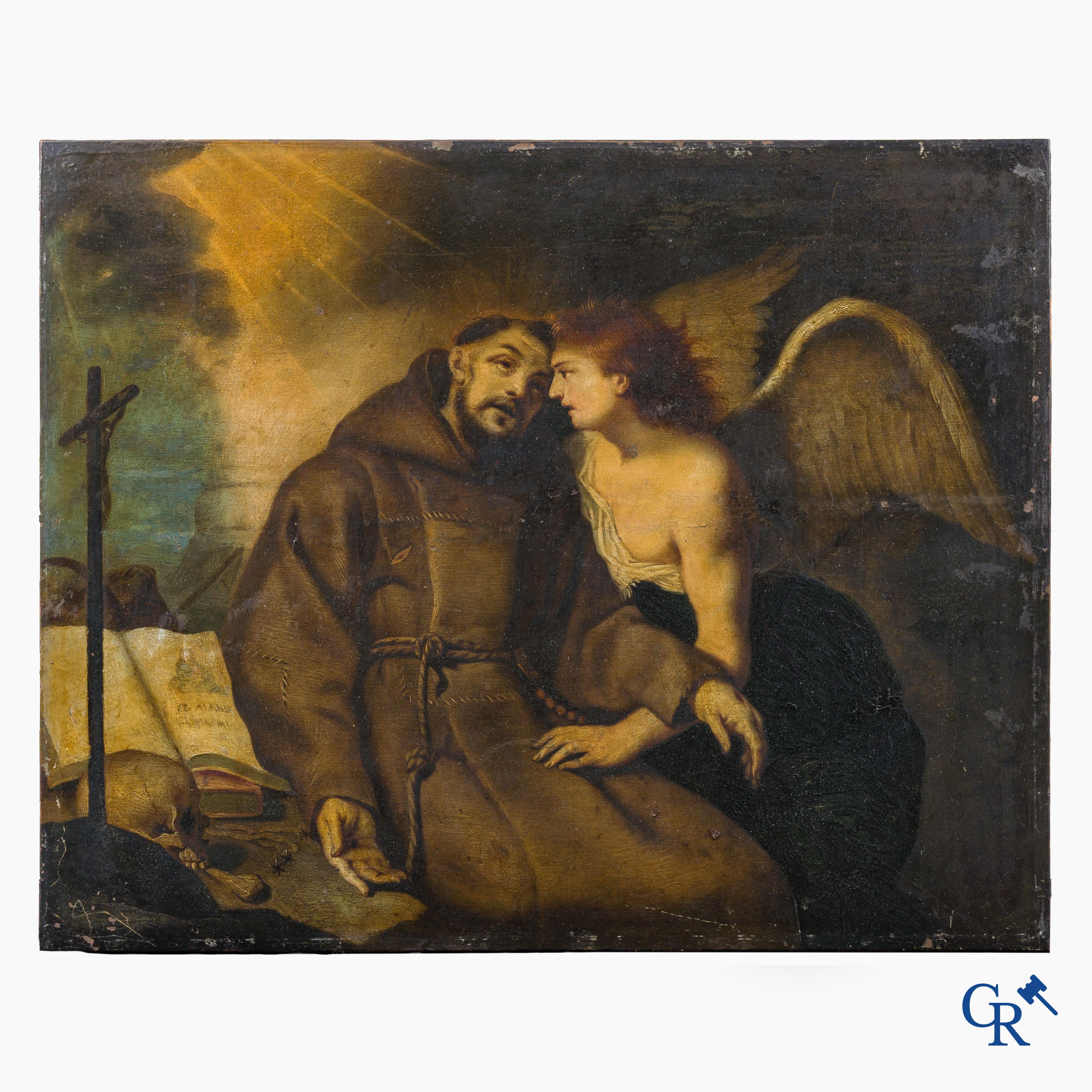Saint Francis of Assisi, comforted by an angel. Oil on copper. Parquetry. 18th century.