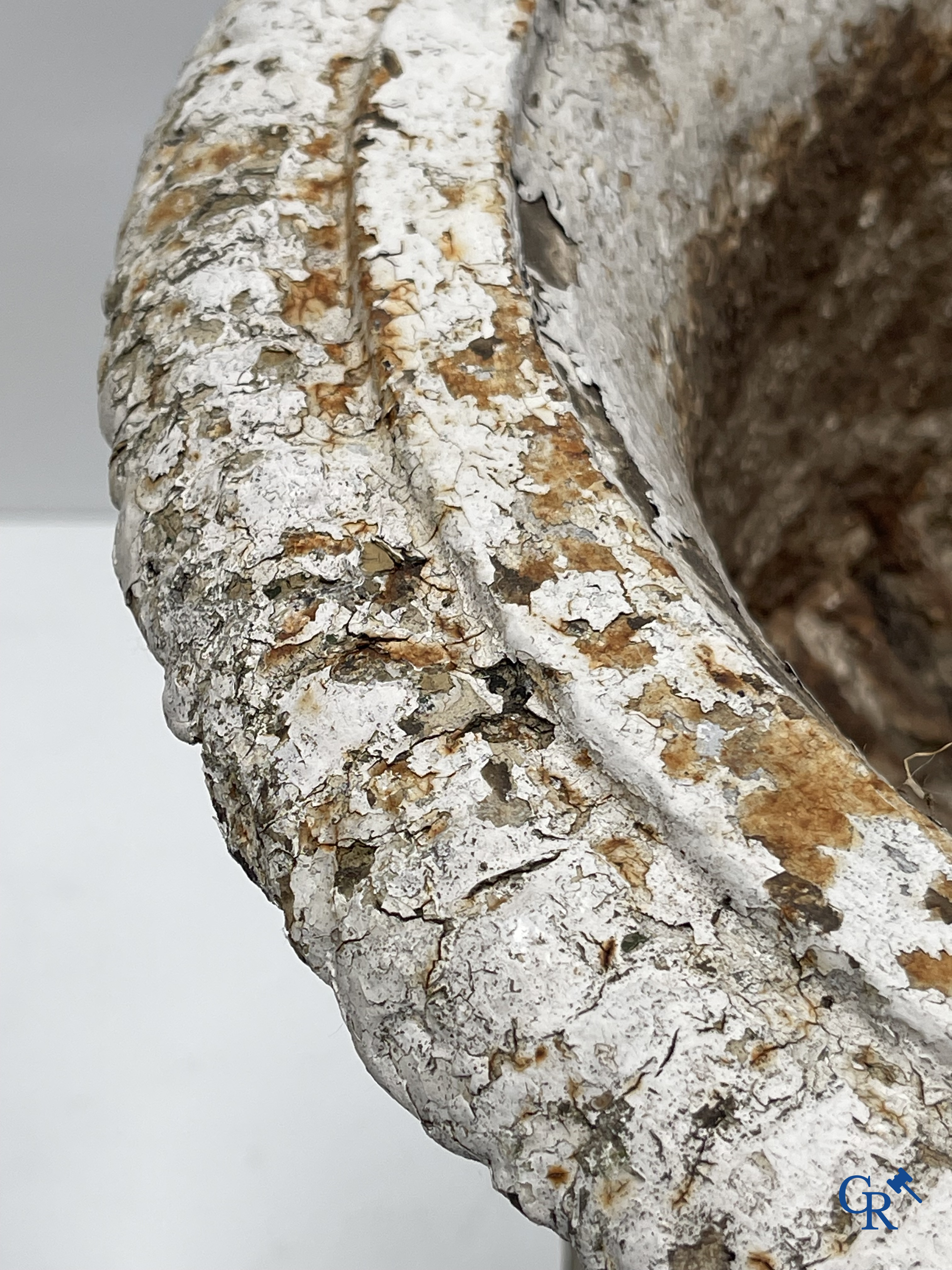 Tuindecoratie. Een paar grote gietijzer tuinvazen op sokkel. Oude patina, 19de eeuw.