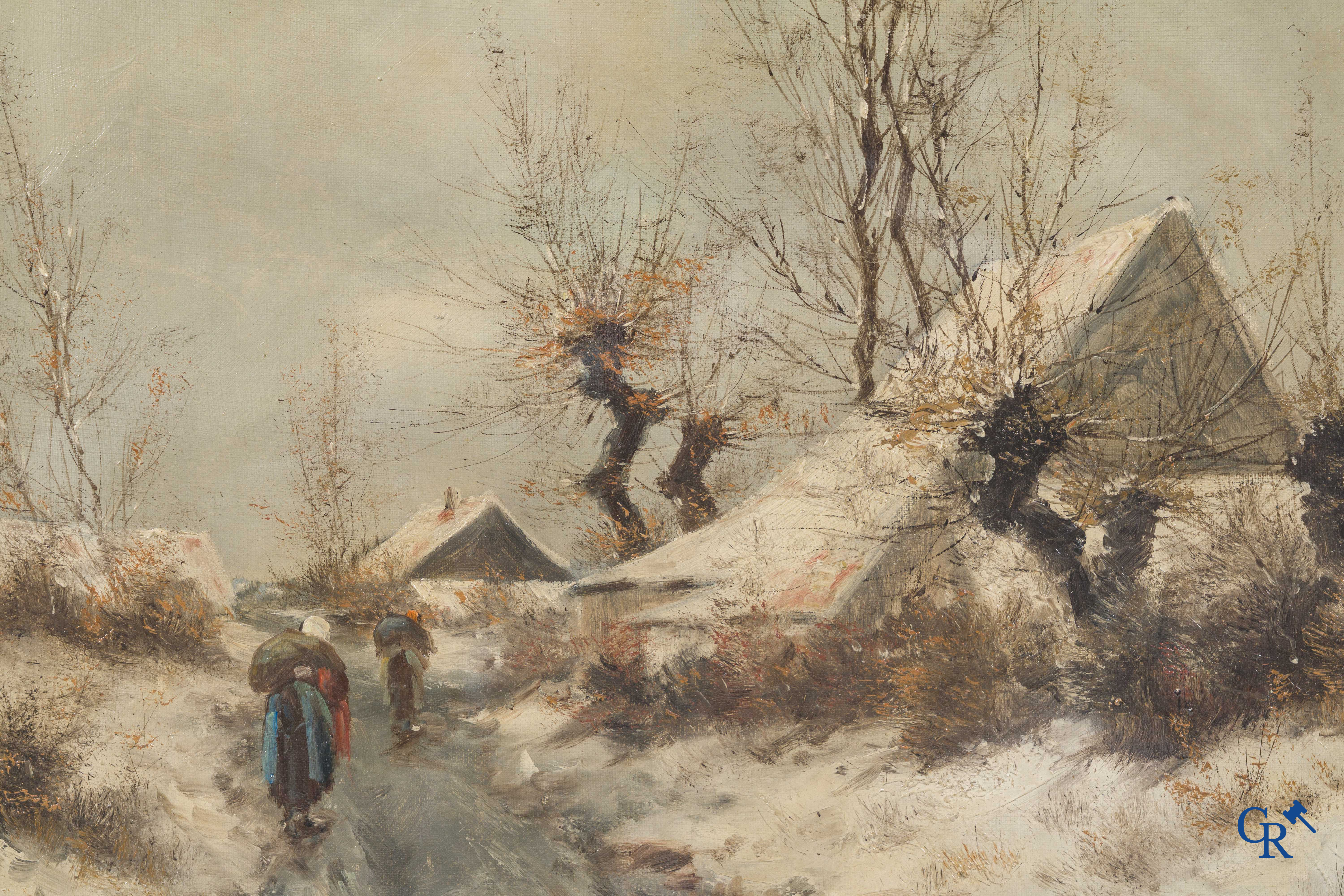J. Giani, winter landscape with characters. Oil on canvas in a beautiful gilded frame. Signed lower left. Circa 1900.