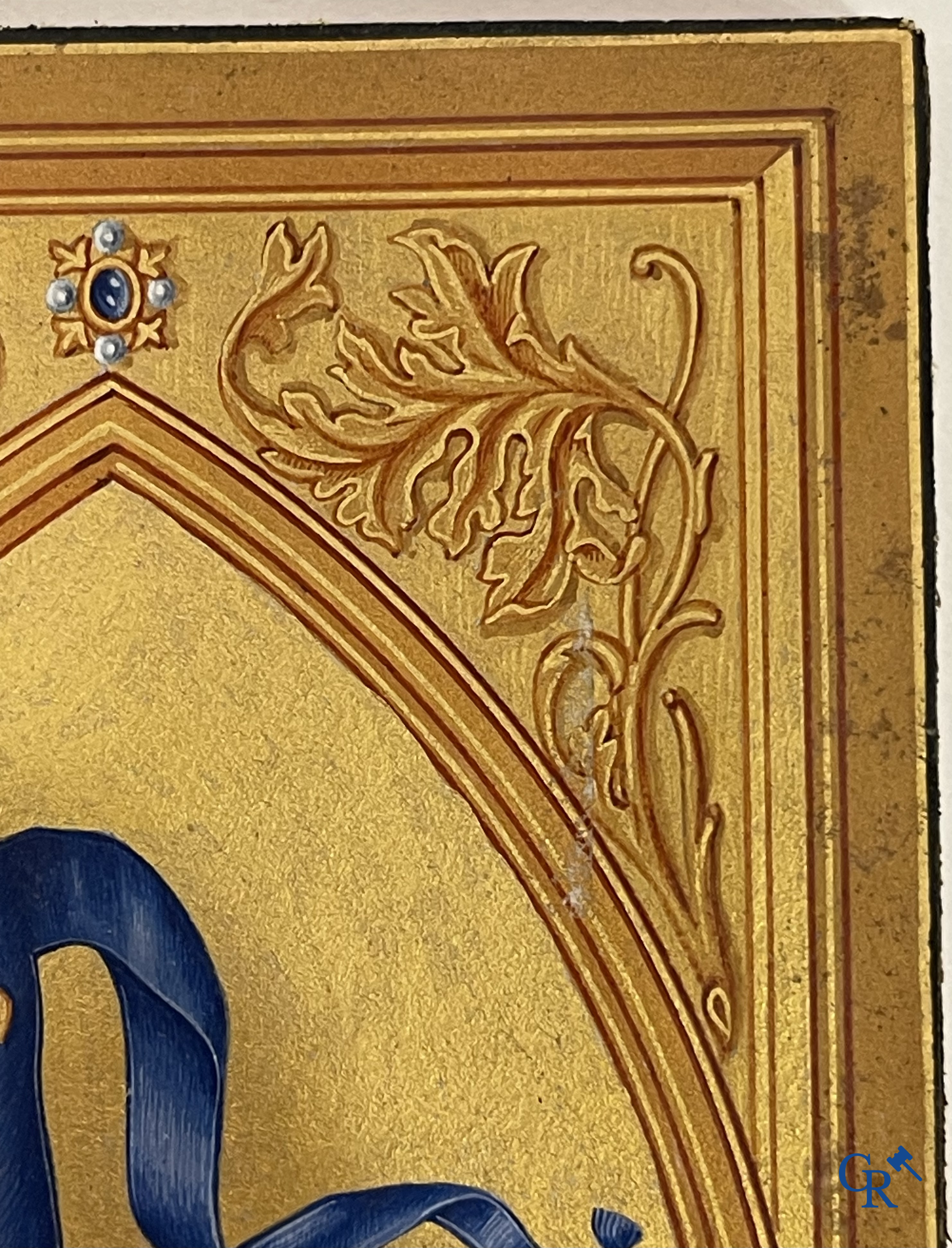 Uitzonderlijk miniatuurschilderij, Madonna en kind met de engelen. In de stijl van de Vlaamse Primitieven. 19e eeuw.