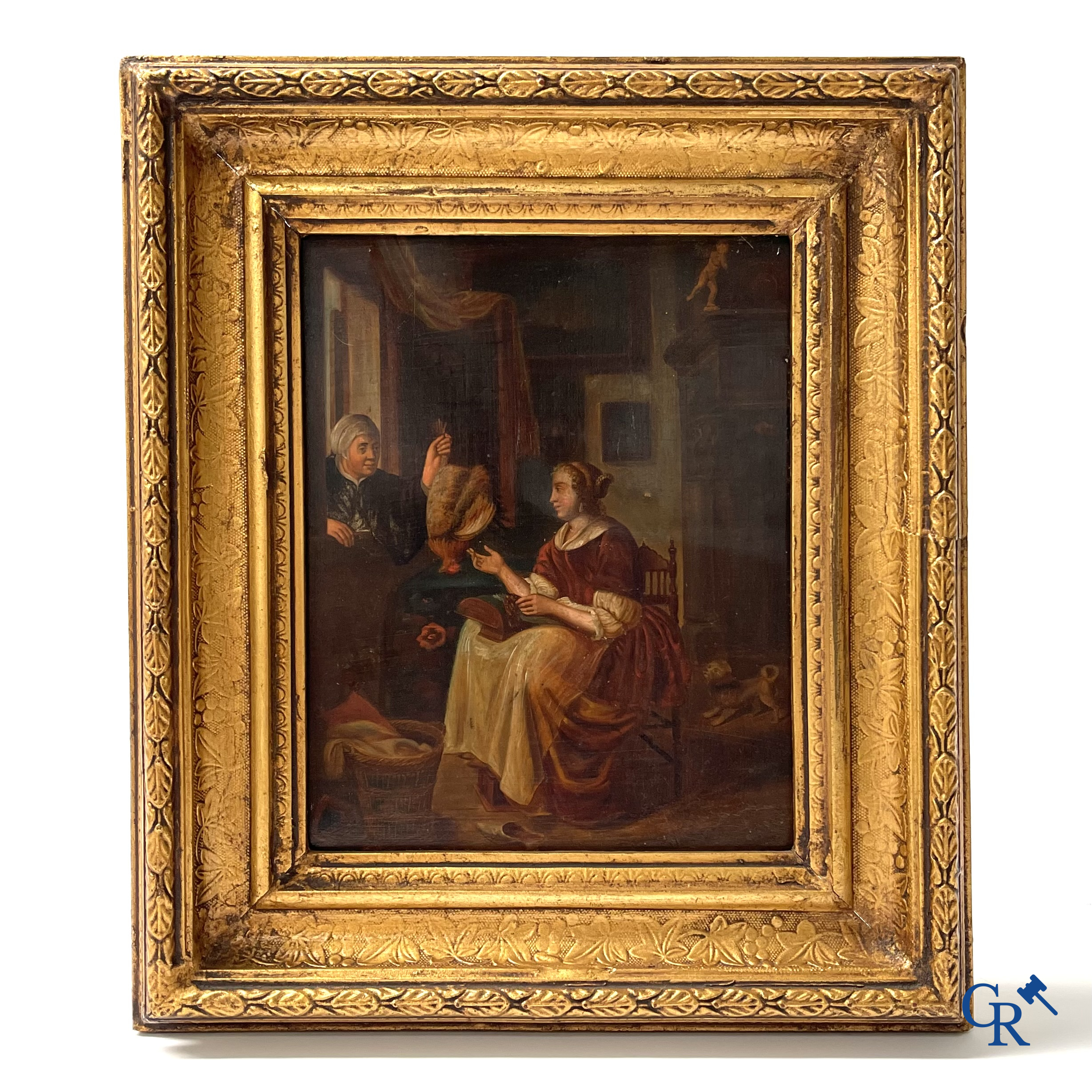 Flemish school, interior scene with chicken farmer, oil on metal.