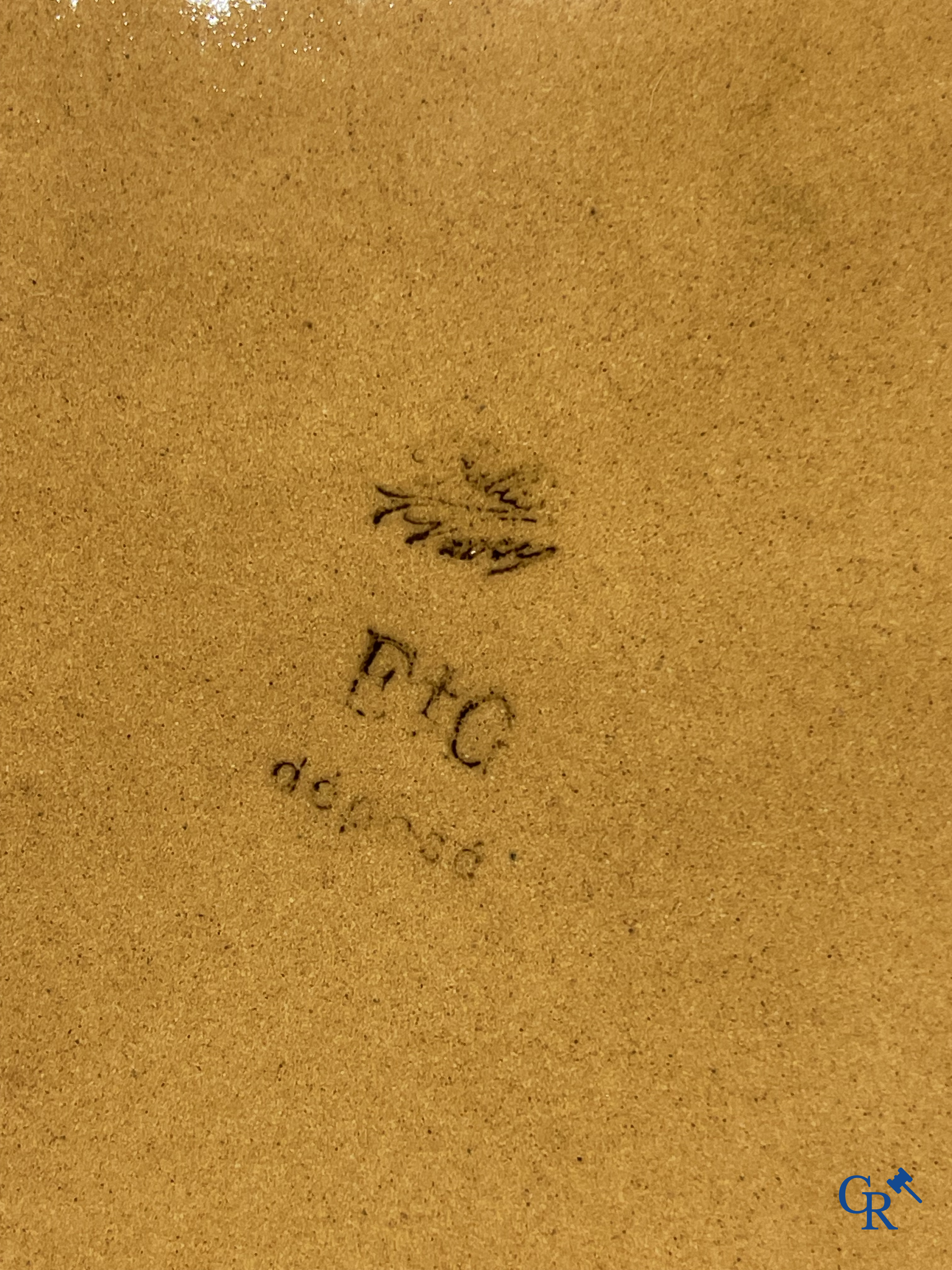 Emile Gallé Nancy, large table centrepiece in enamelled faience. Signed Gallé Nancy deposé.