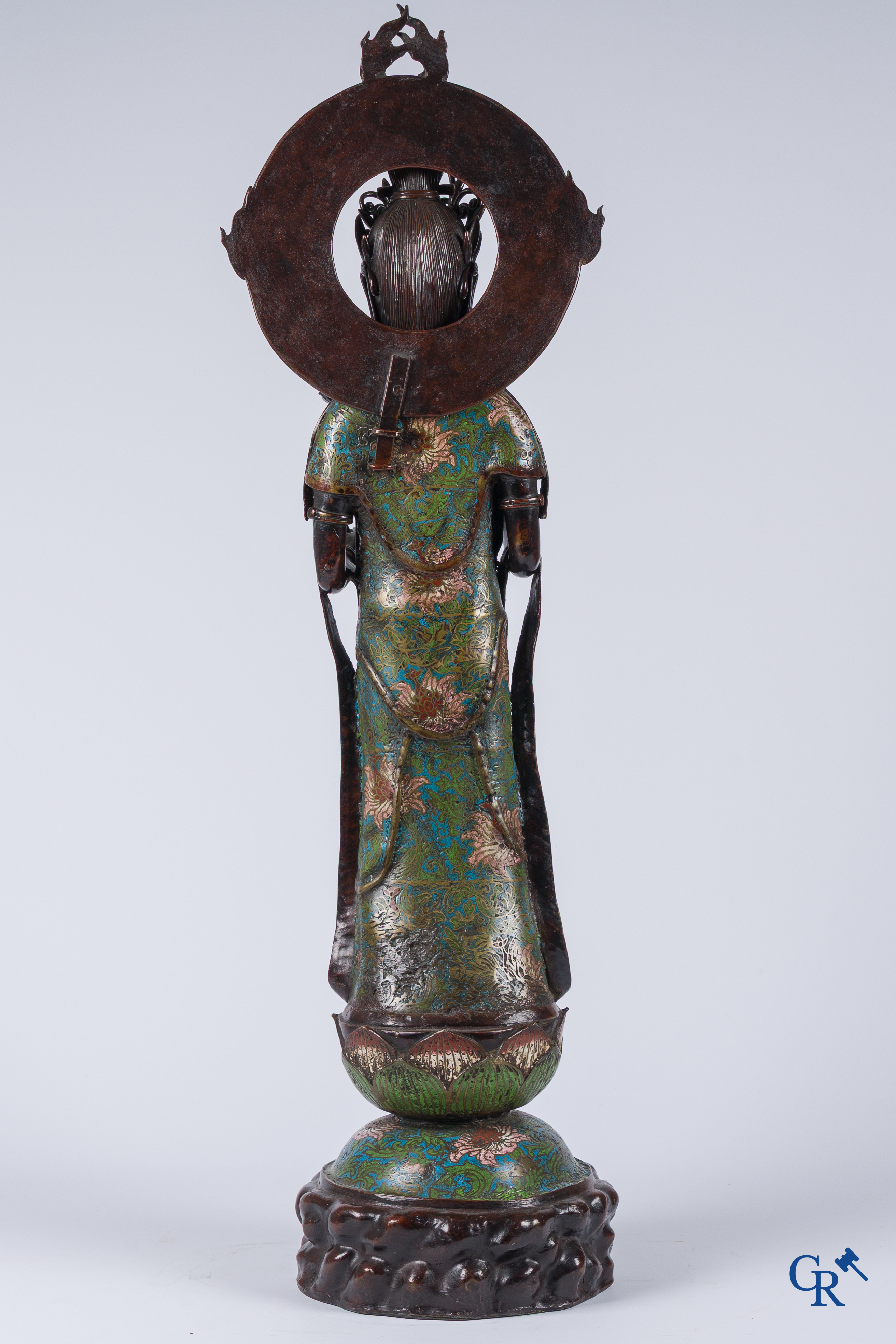 Asian Art, a large Japanese champlevé bronze figure of a standing Guanyin. 19th century.