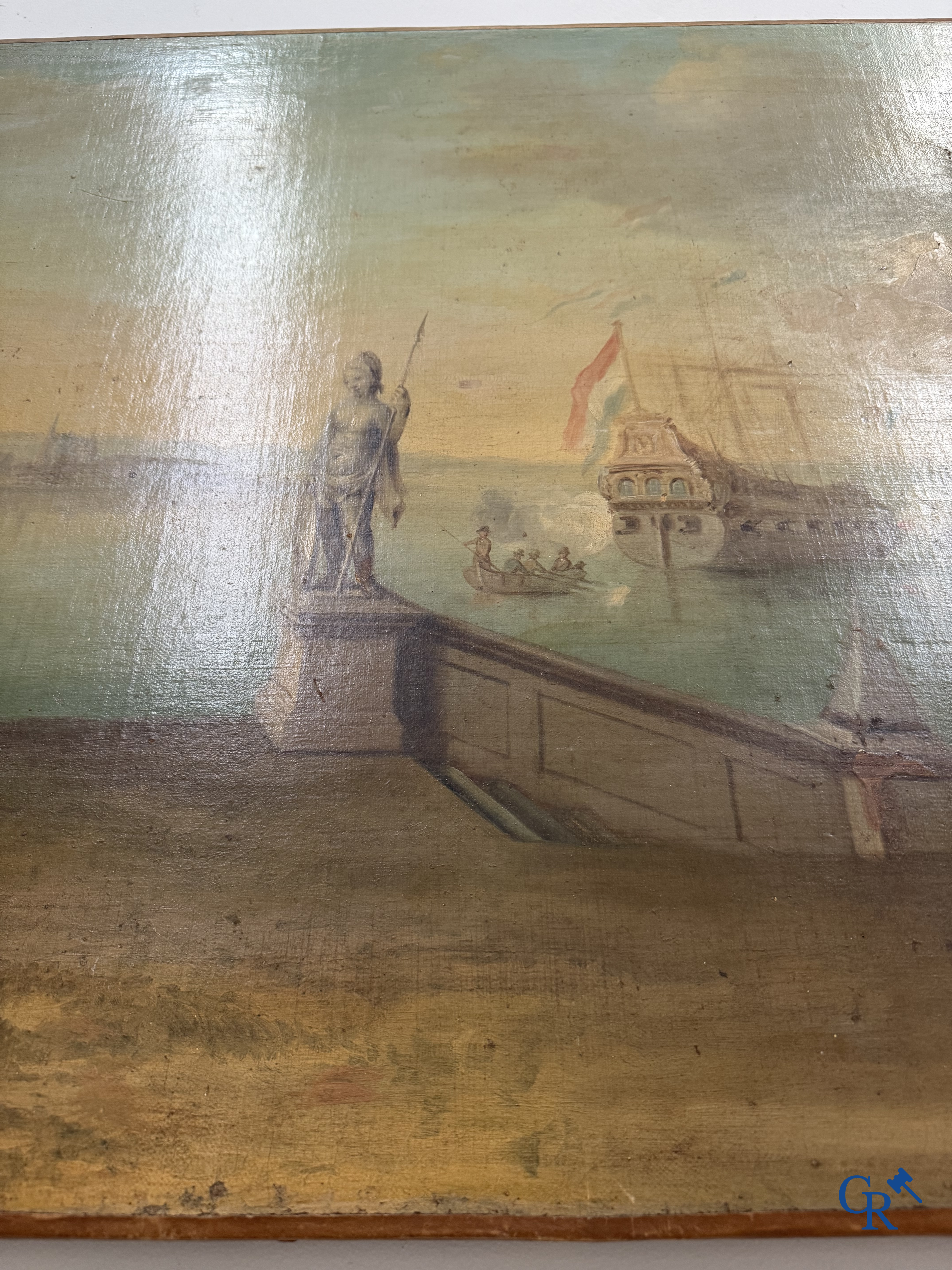Schilderij. Havenzicht met een Hollands vlaggenschip. Olie op doek, 18e eeuw.