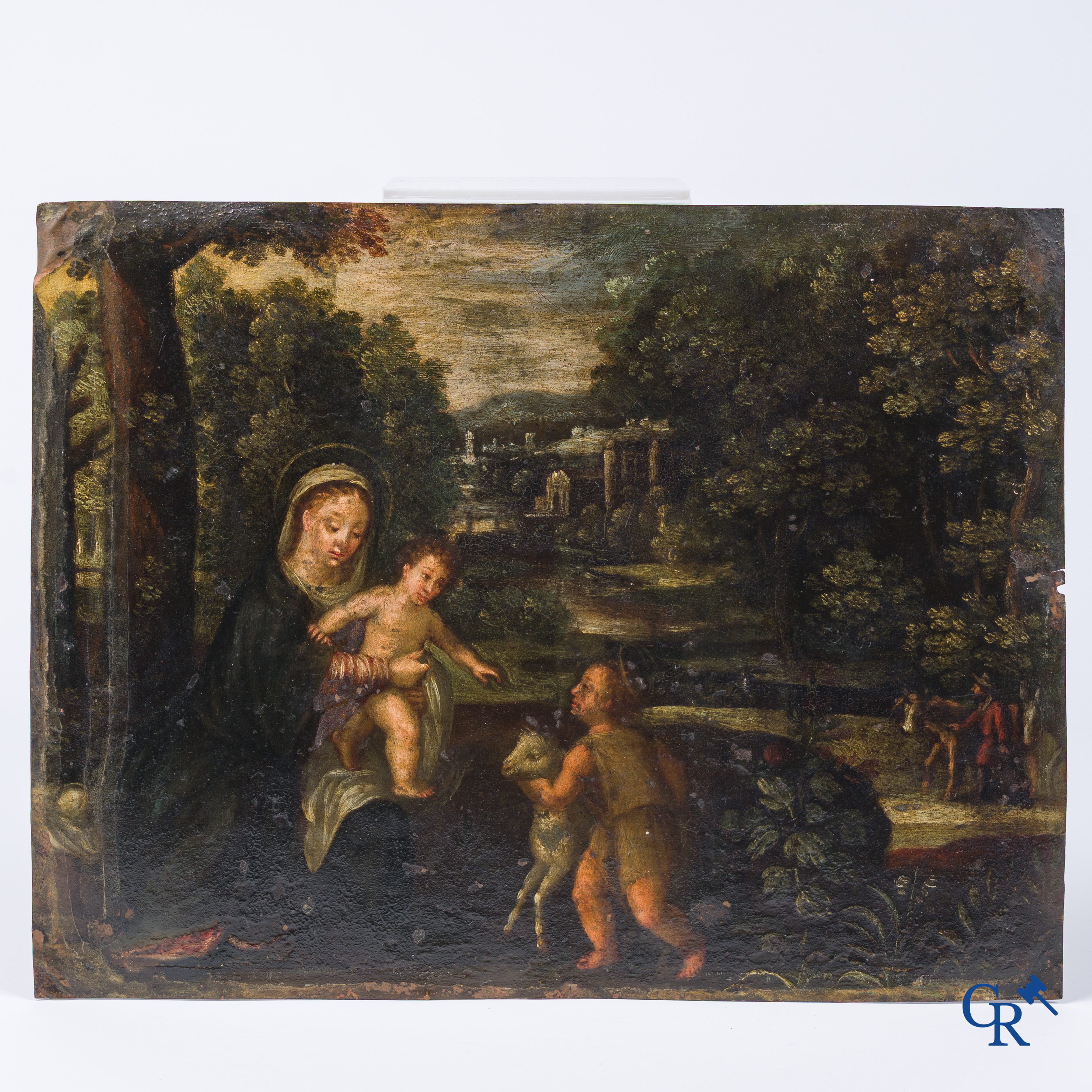 Antiek religieus schilderij. De Heilige Maria, Jezus en Sint Johannes de Doper. Olie op koper. 18e-19e eeuw.