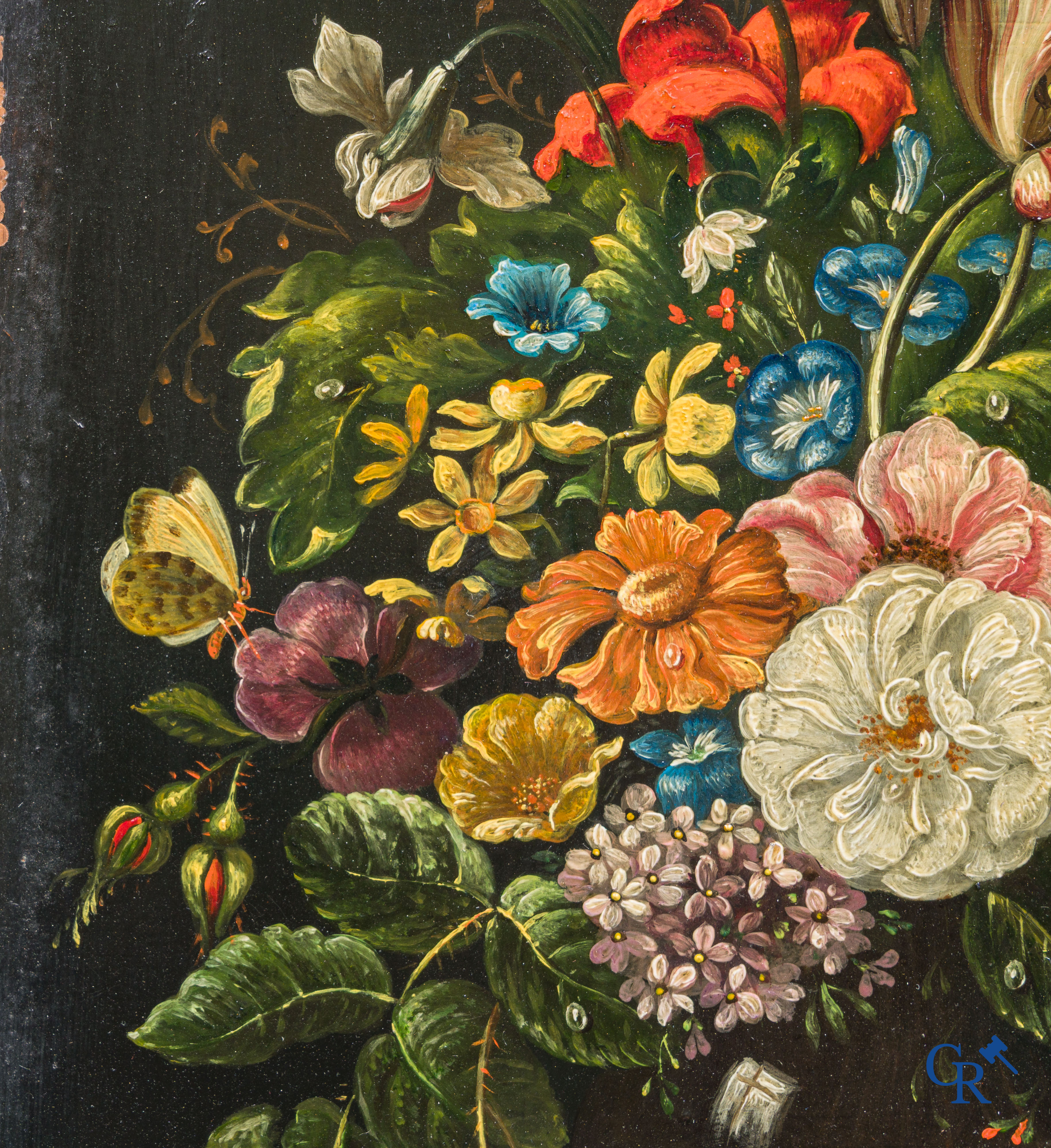 Peinture. Nature morte aux fleurs et aux insectes. Huile sur cuivre. 18e-19e siècle.