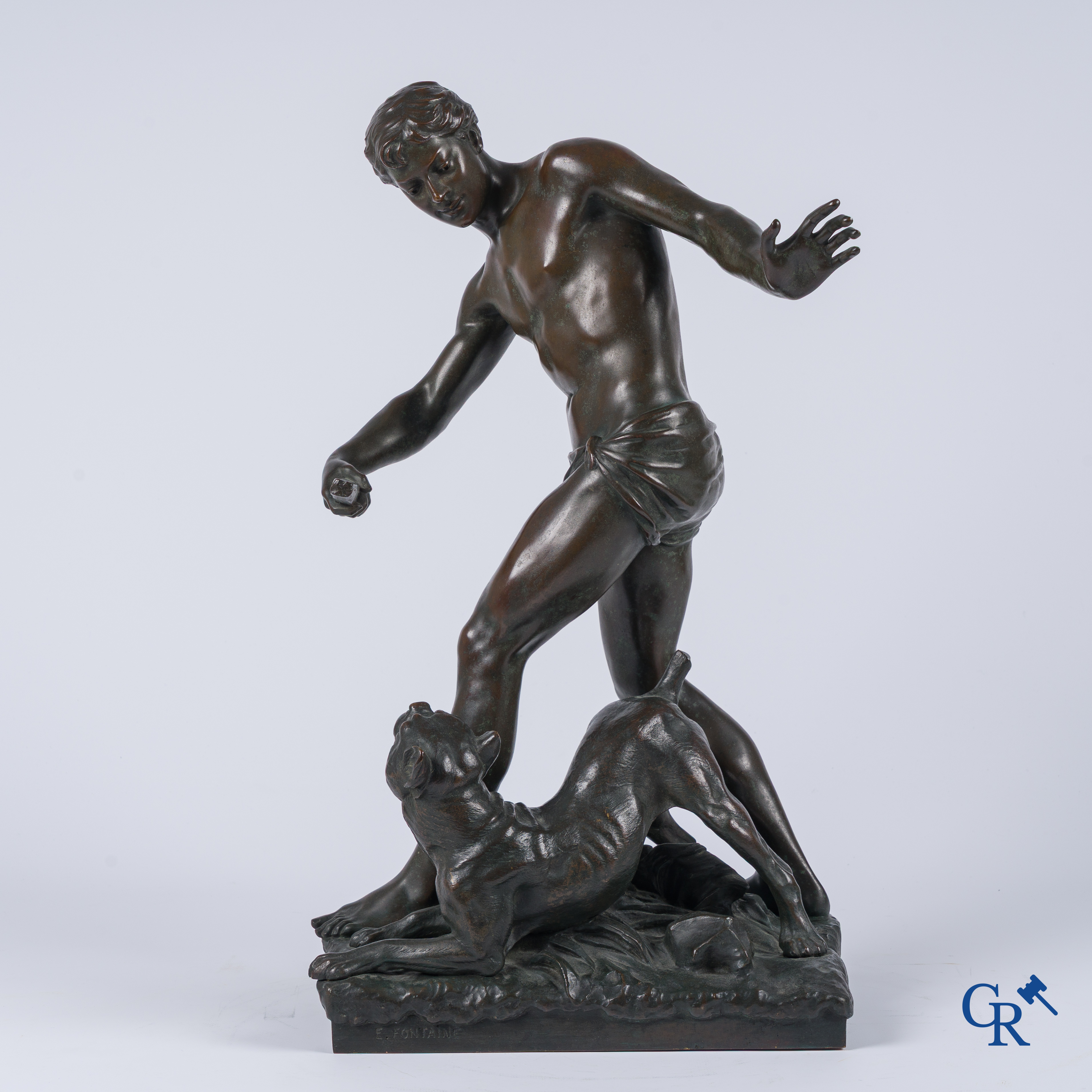 Emmanuel Fontaine, Bronze. "A la Rivière" Boy with dog. Signed E. Fontaine.