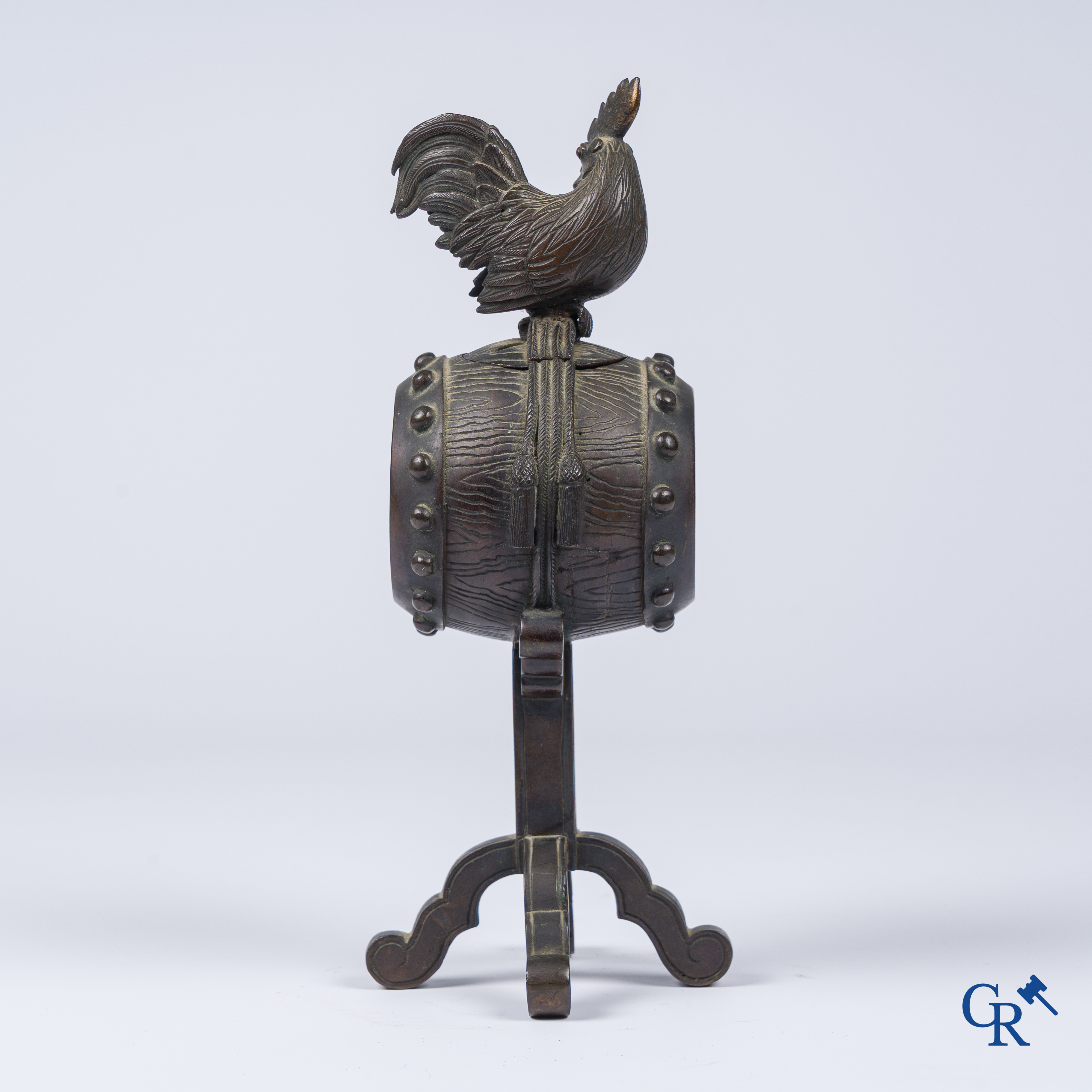Asian Art, a Japanese bronze incense burner with a rooster on a barrel. Meiji era.
