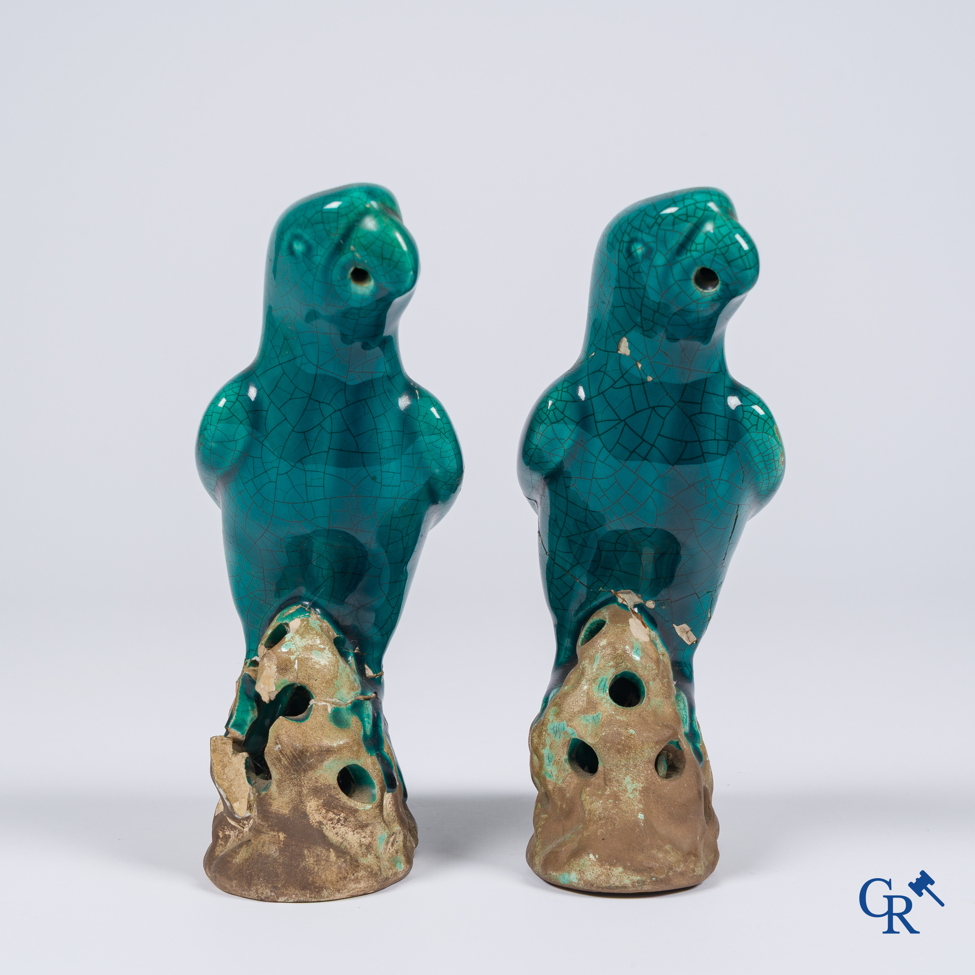 Asian Art, a pair of turquoise glazed ceramic parrots.