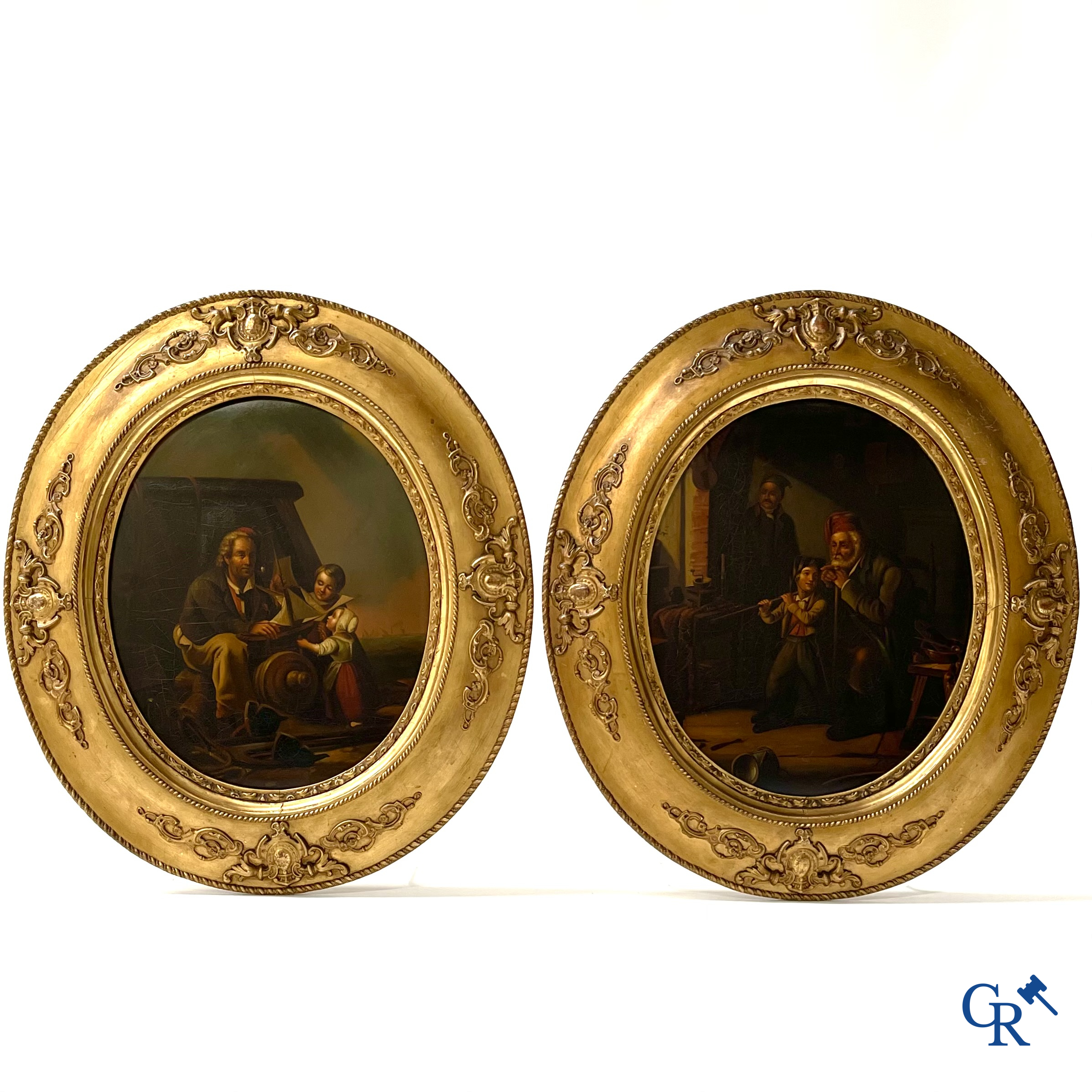 Pendant, een paar schilderijen, olie op metaal. "The young soldier" en "The young sailors". 19de eeuw.